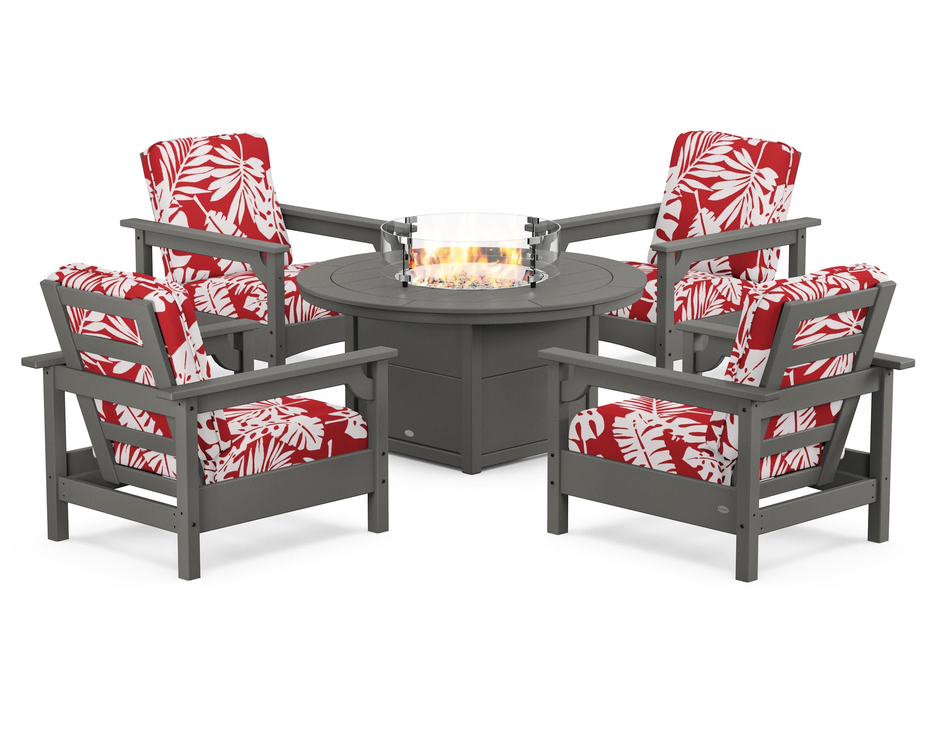 Club 5-Piece Conversation Set with Fire Pit Table in Slate Grey / Leaf Crimson