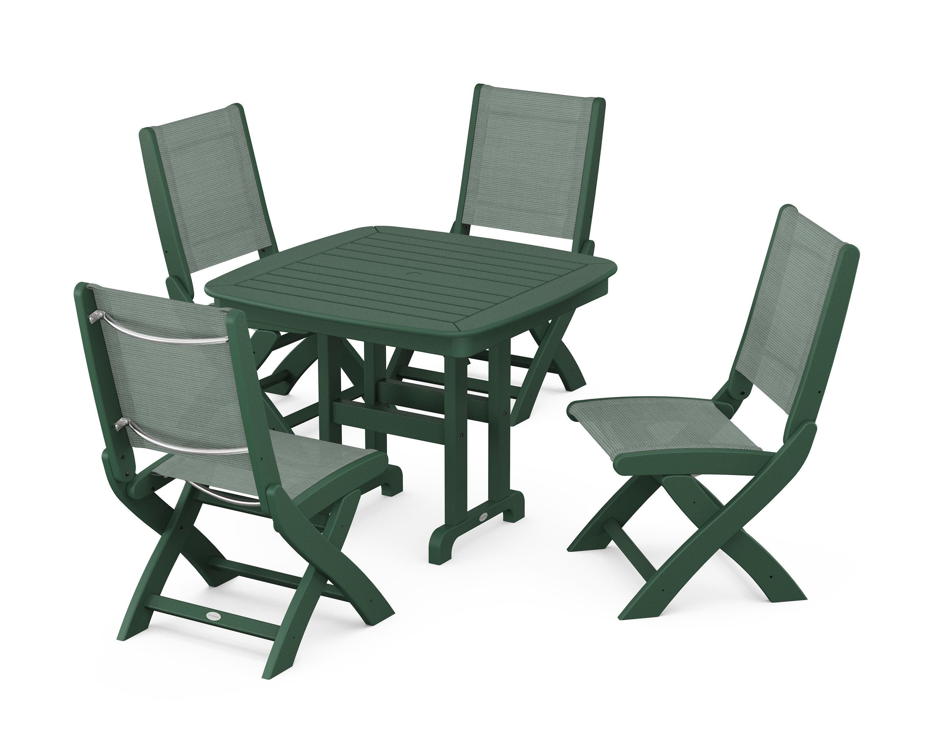 Coastal Folding Side Chair 5-Piece Dining Set in Green / Dupioni Sea Mist Sling