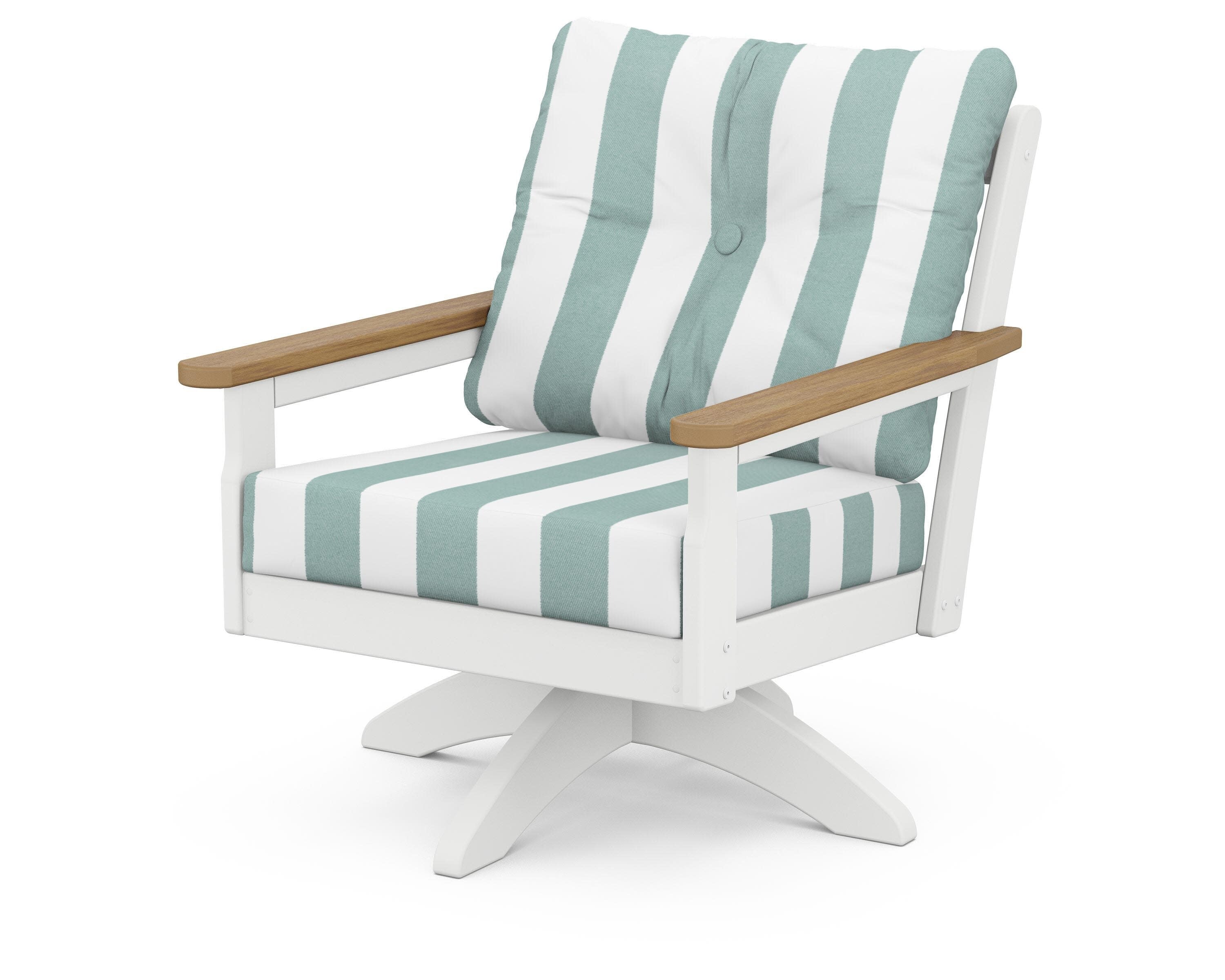 Vineyard Deep Seating Swivel Chair in White / Natural / Cabana Stripe Glacier Spa