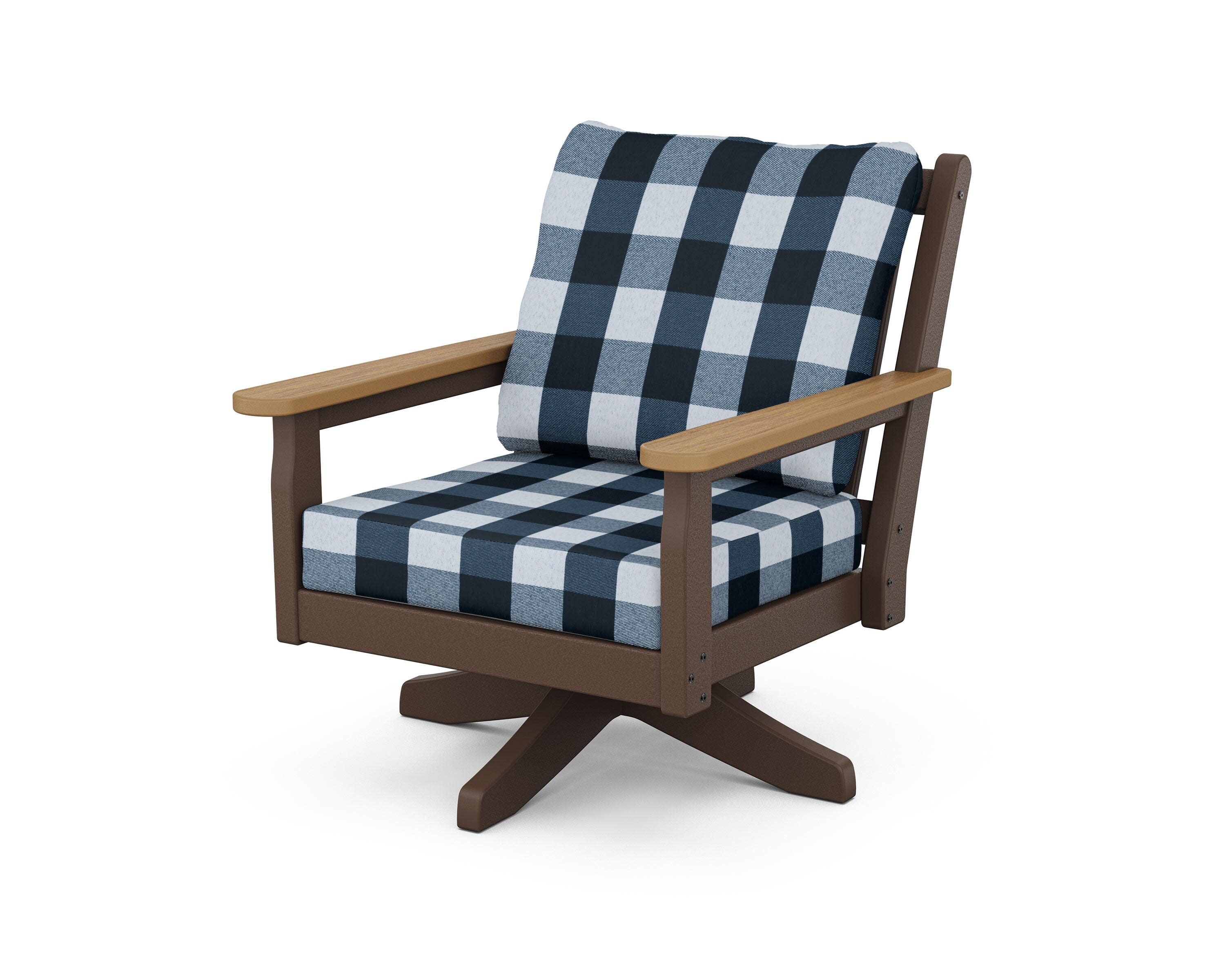 Chippendale Deep Seating Swivel Chair in Mahogany / Natural / Buffalo Plaid Marine Indigo