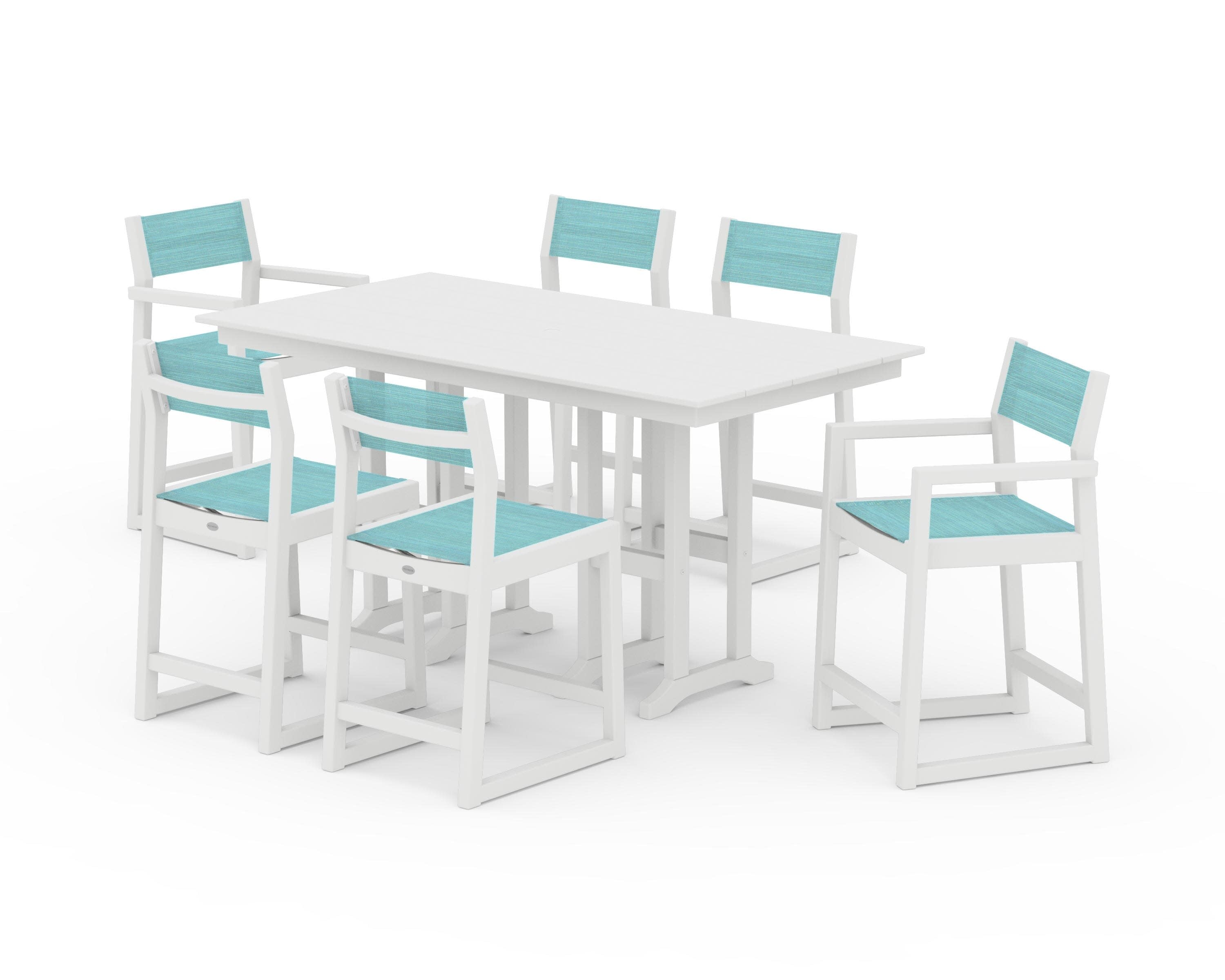 EDGE Sling 7-Piece Farmhouse Counter Set in White / Dupioni Aquamarine Sling
