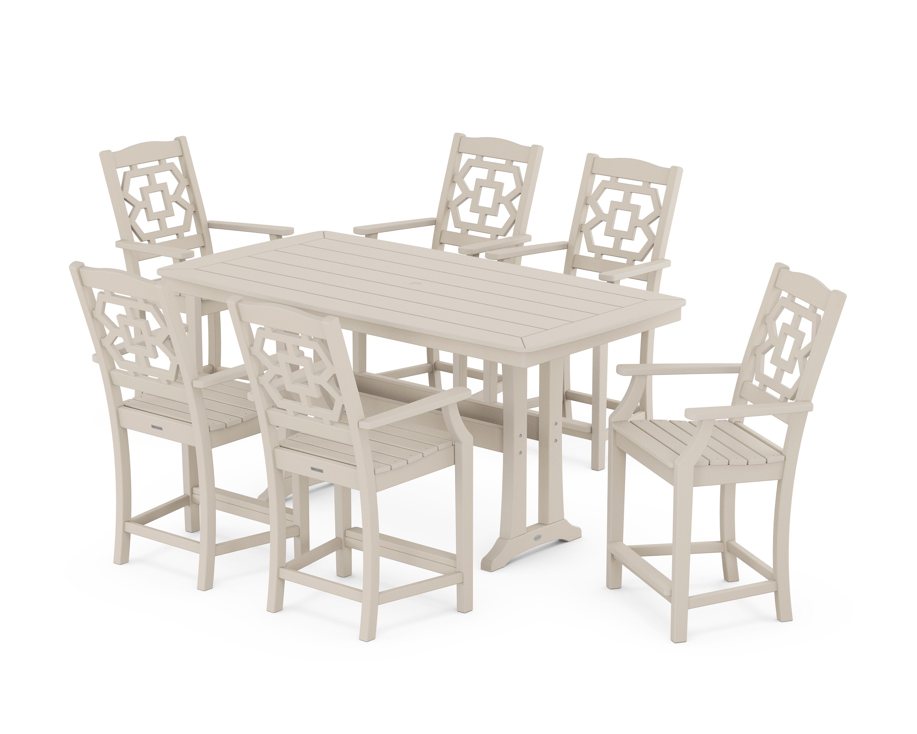 Chinoiserie Arm Chair 7-Piece Counter Set with Trestle Legs in Sand
