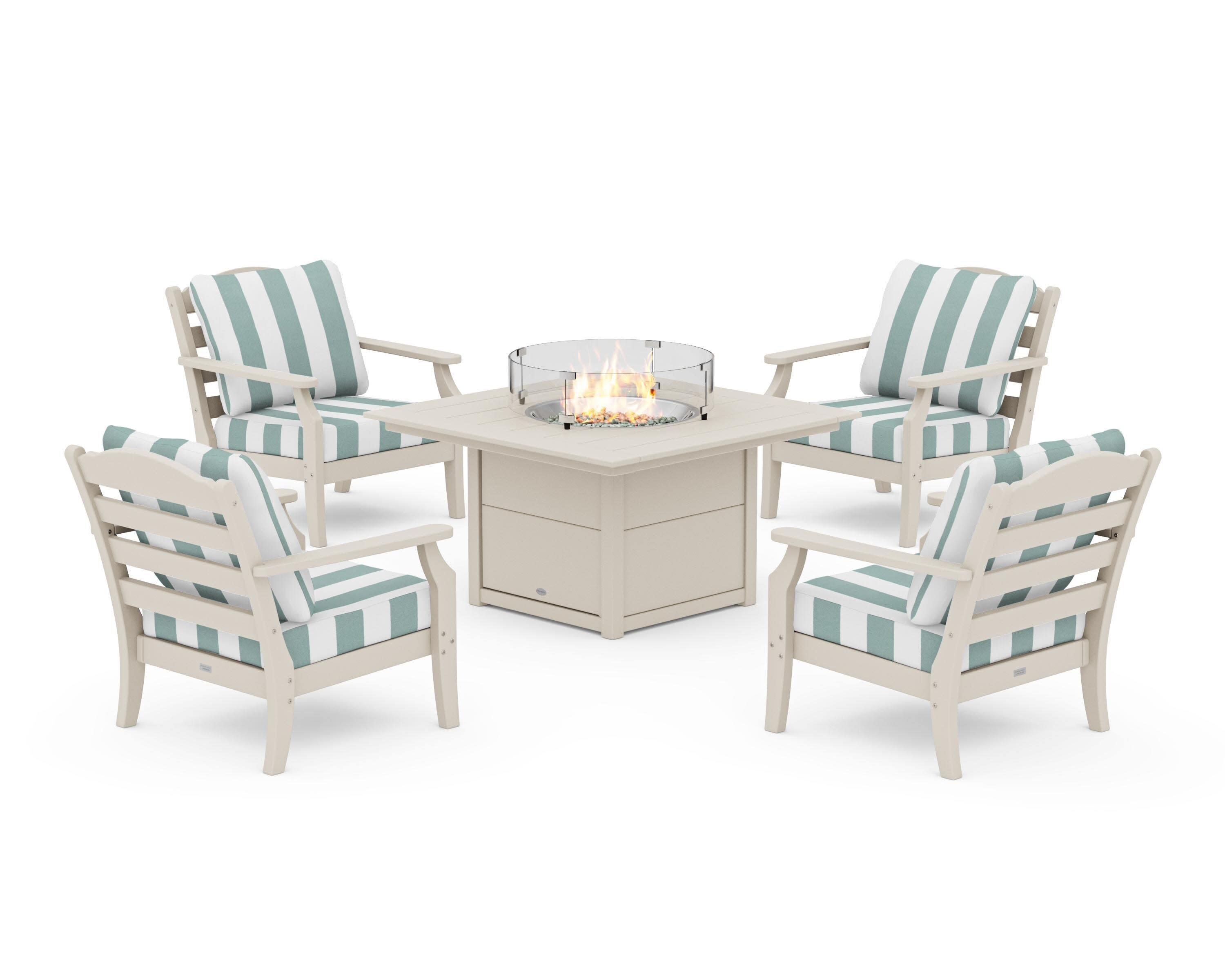 Savannah 5-Piece Deep Seating Set with Fire Pit Table in Sand / Cabana Stripe Glacier Spa