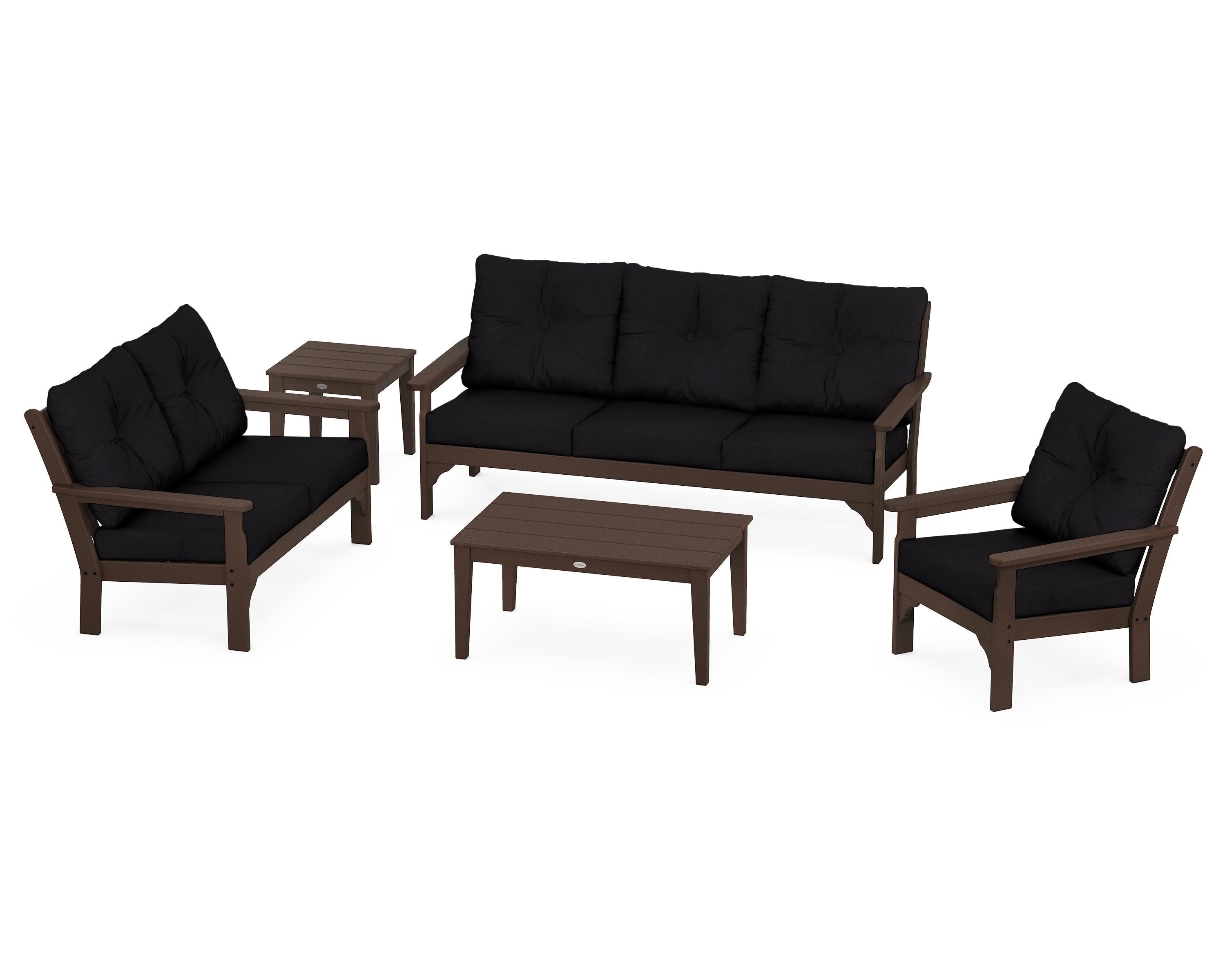 Vineyard 5 Piece Deep Seating Set in Mahogany / Midnight Linen