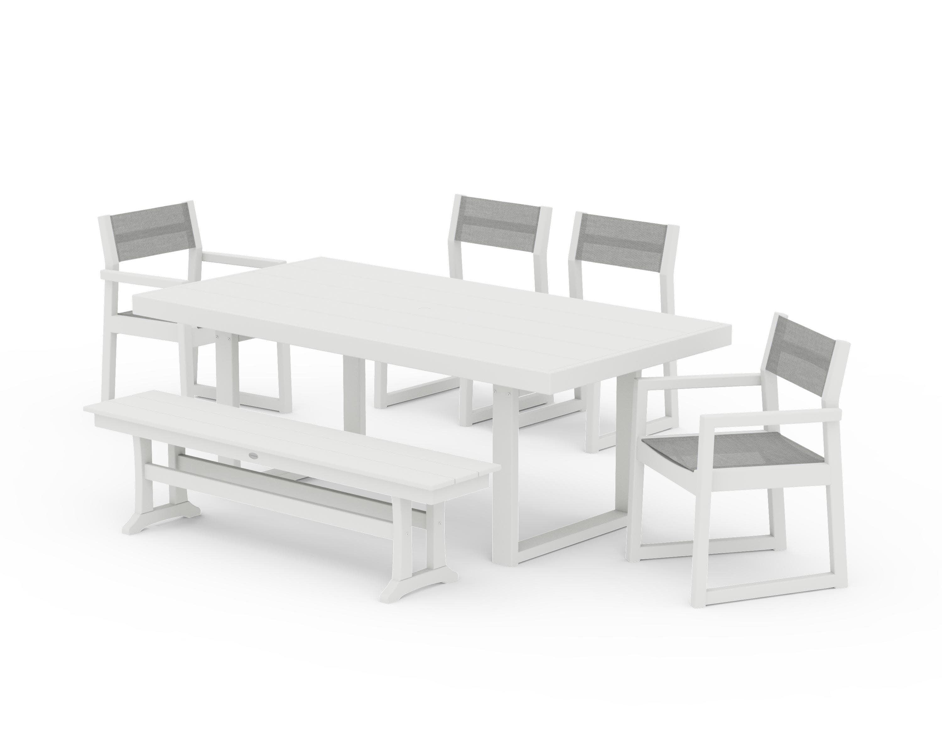 EDGE Sling 6-Piece Dining Set with Bench in Vintage White / Metallic Sling