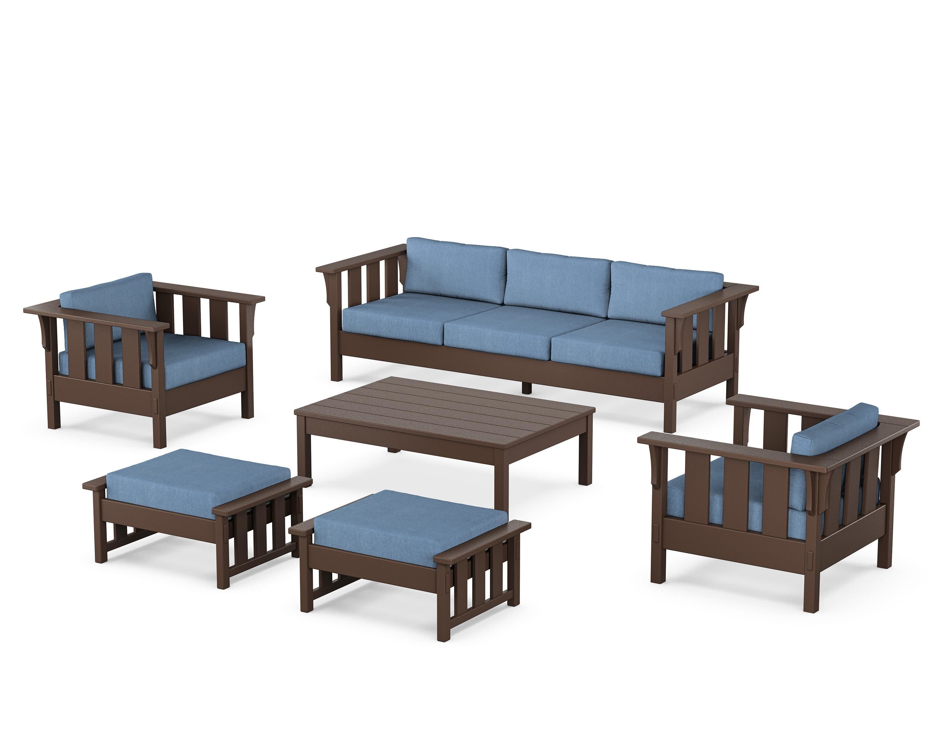 Acadia 6-Piece Lounge Sofa Set in Mahogany / Sky Blue
