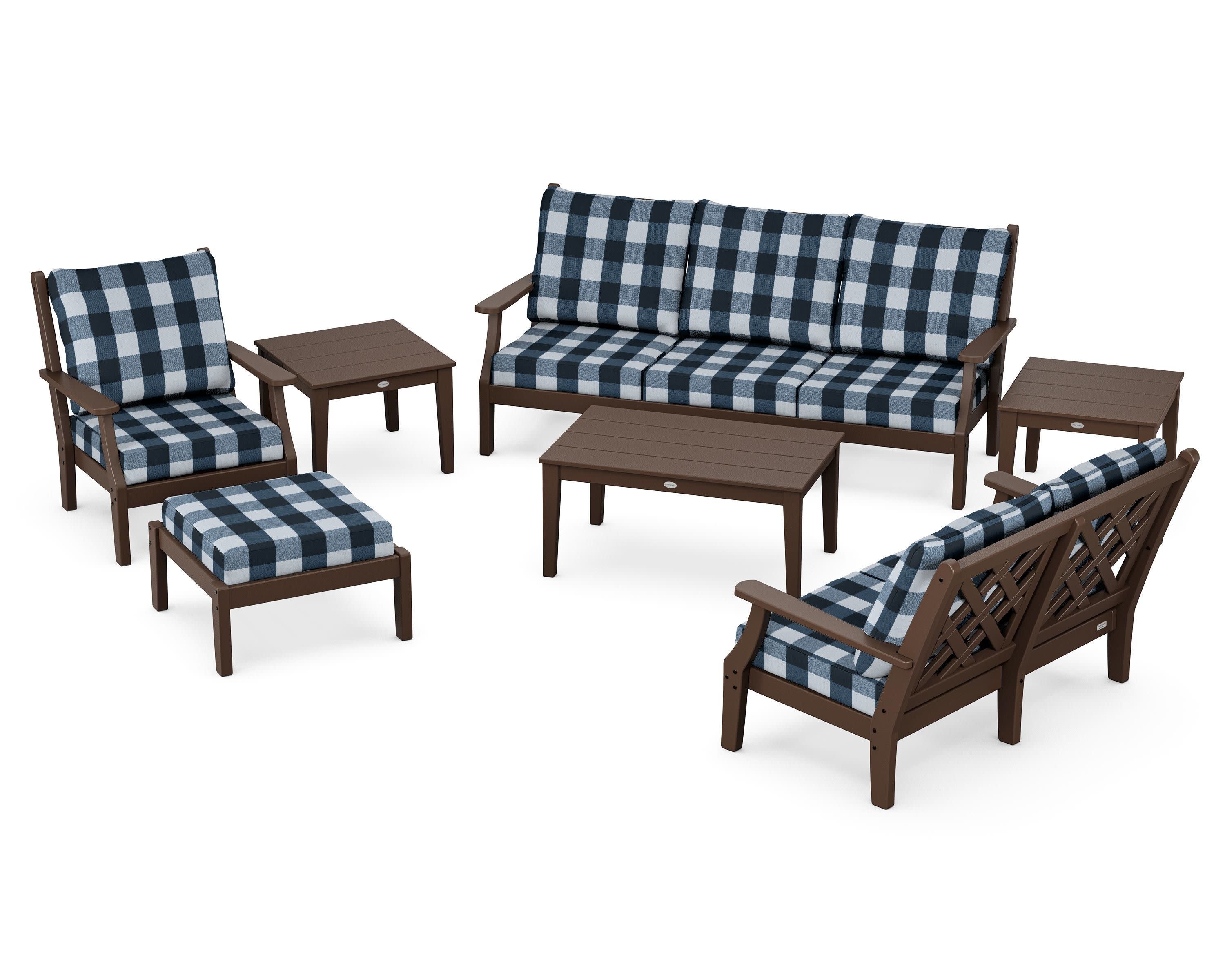 Wovendale 7-Piece Deep Seating Set in Mahogany / Buffalo Plaid Marine Indigo