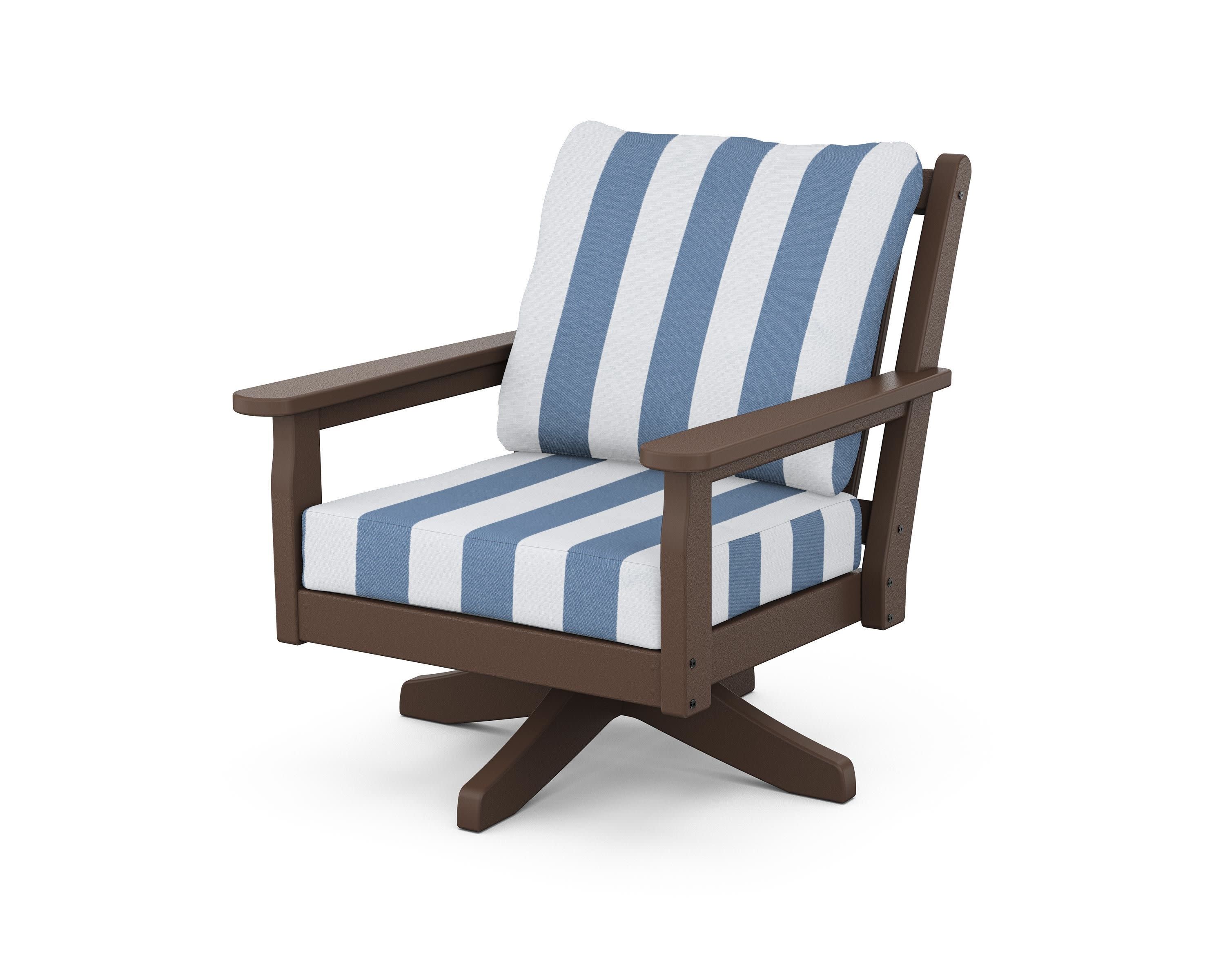 Chippendale Deep Seating Swivel Chair in Mahogany / Cabana Stripe Sky Blue