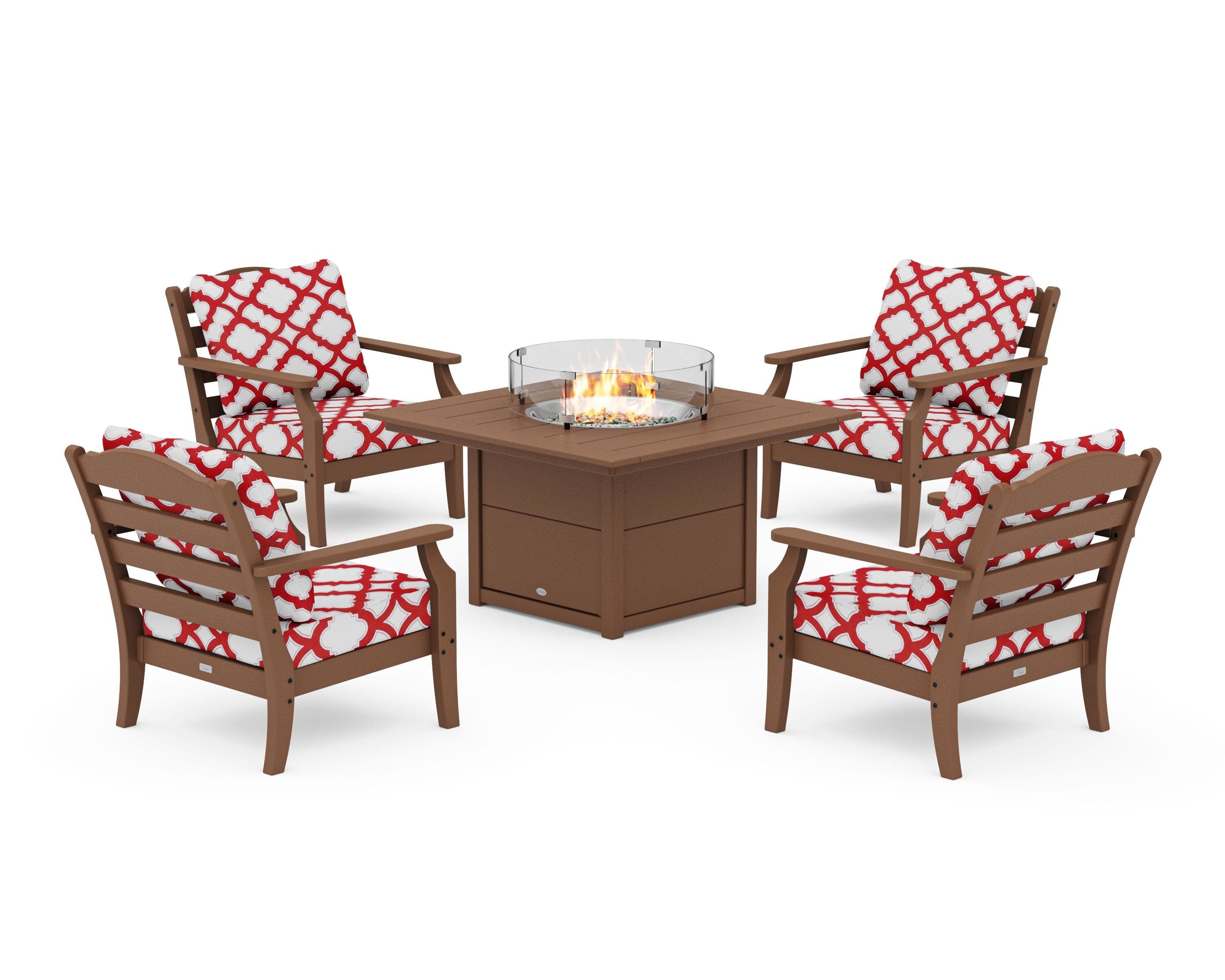 Savannah 5-Piece Deep Seating Set with Fire Pit Table in Teak / Trellis Crimson