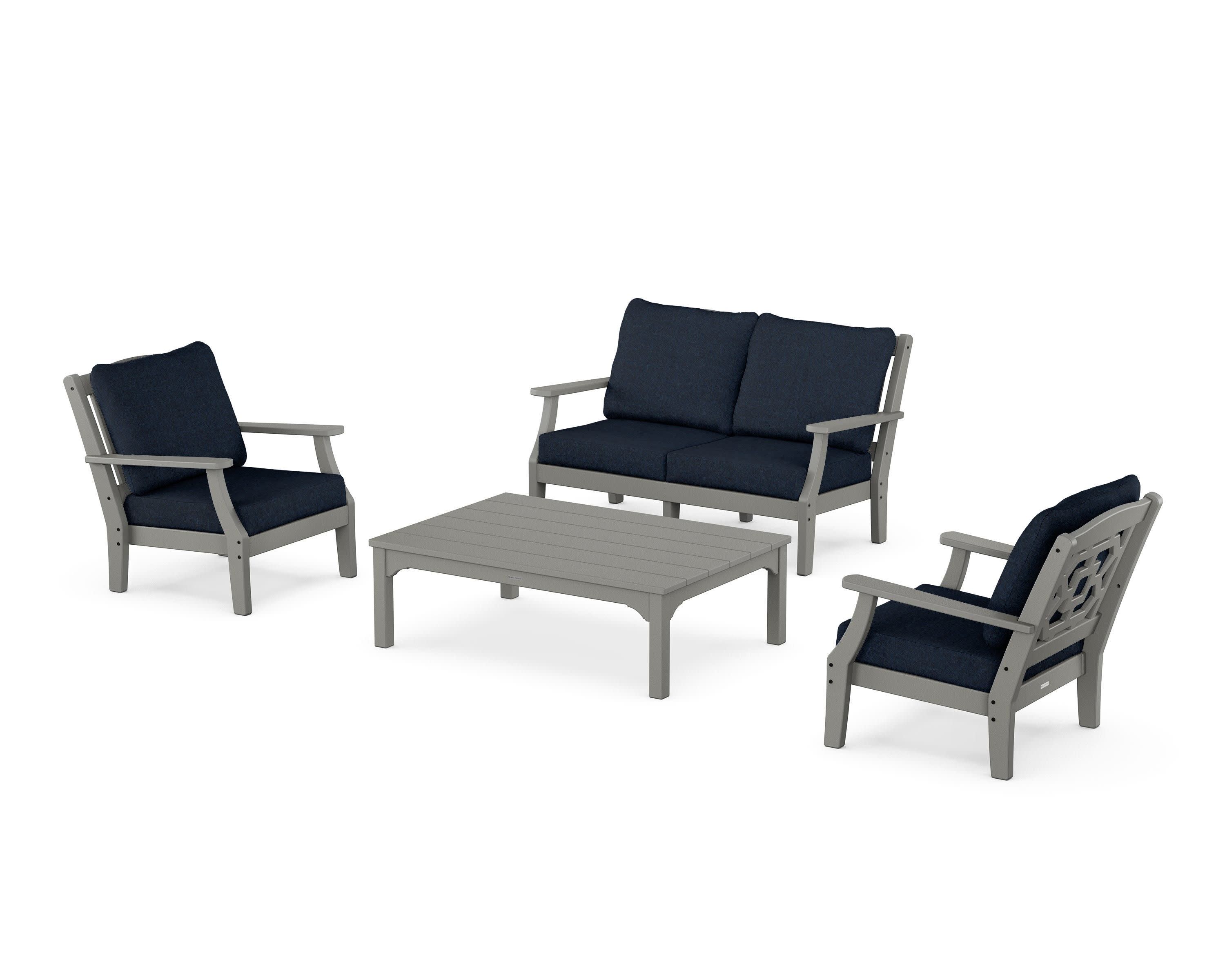 Chinoiserie 4-Piece Deep Seating Set with Loveseat in Slate Grey / Marine Indigo