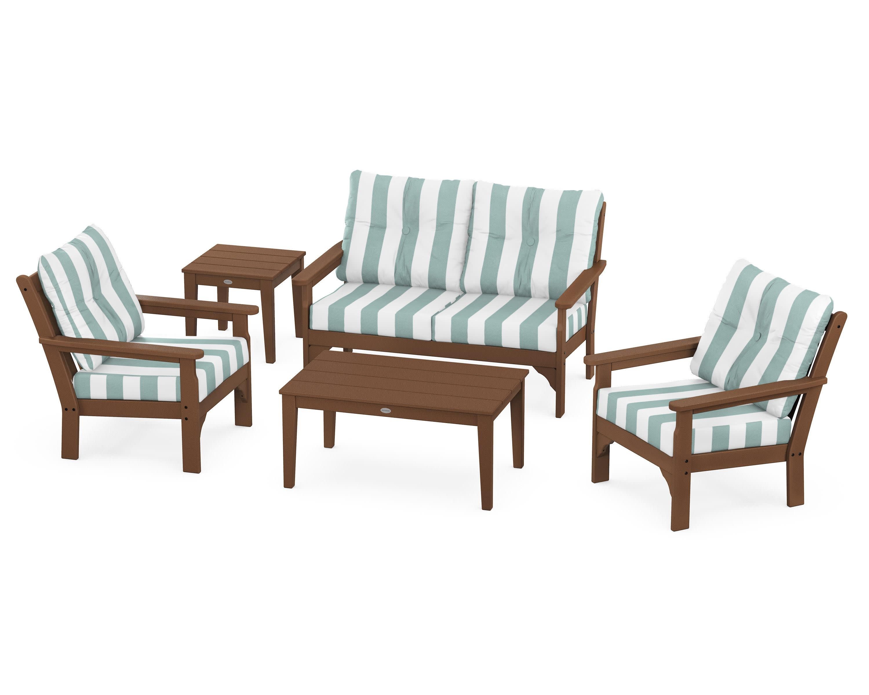 Vineyard 5-Piece Deep Seating Set in Teak / Cabana Stripe Glacier Spa
