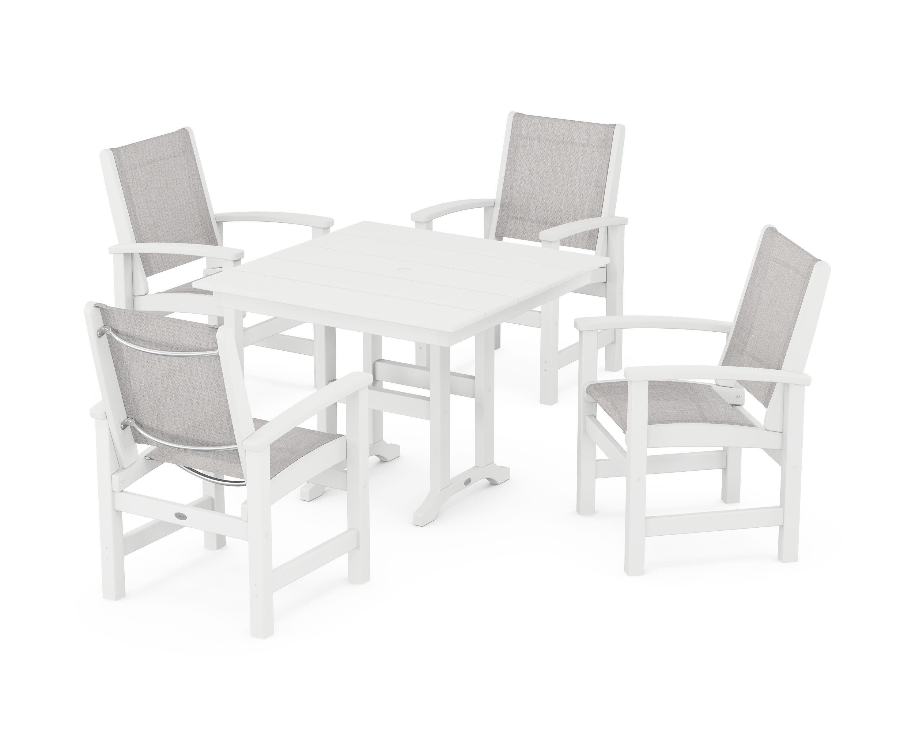 Coastal 5-Piece Farmhouse Dining Set in White / Parchment Sling