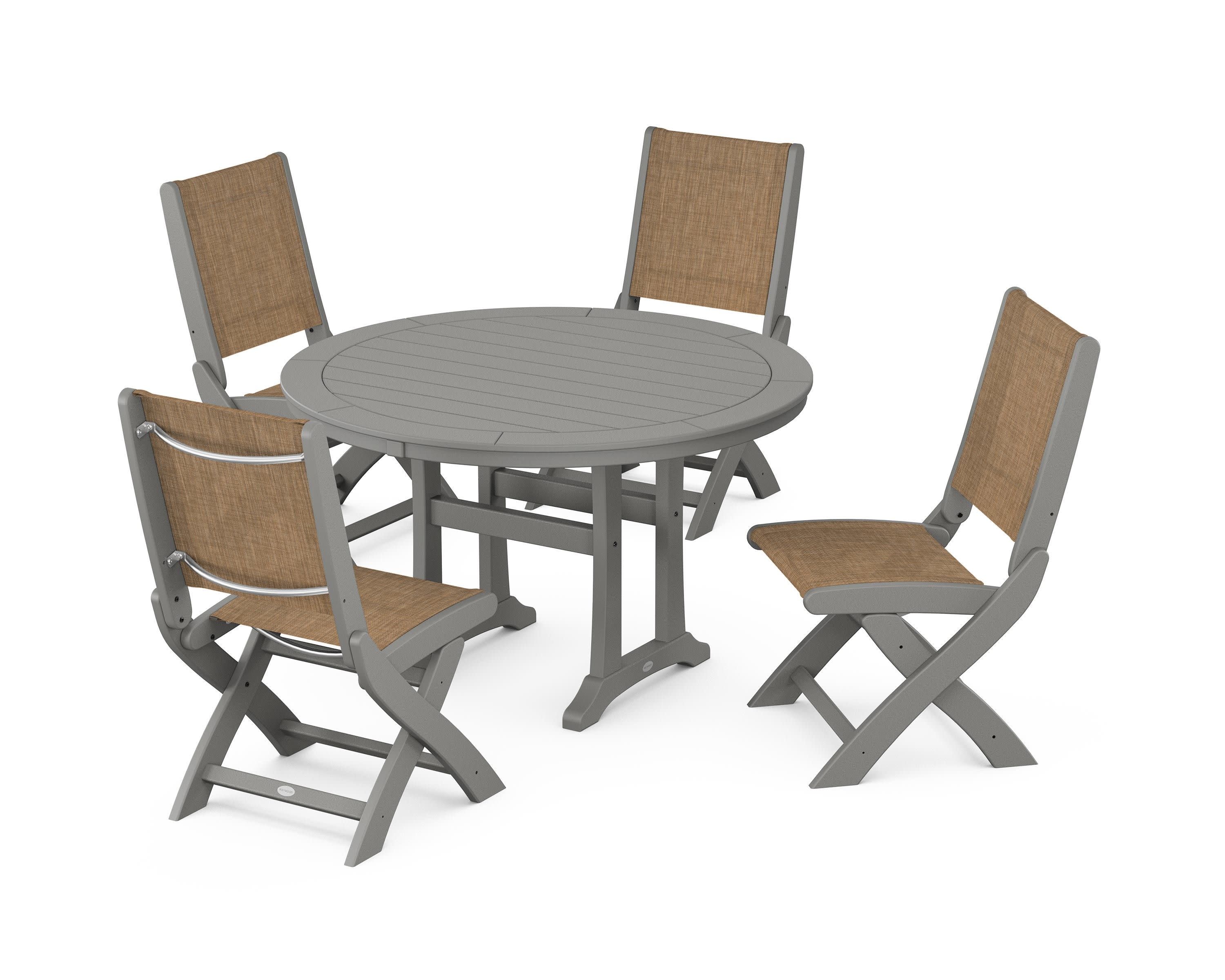 Coastal Folding Side Chair 5-Piece Round Dining Set With Trestle Legs in Slate Grey / Burlap Sling