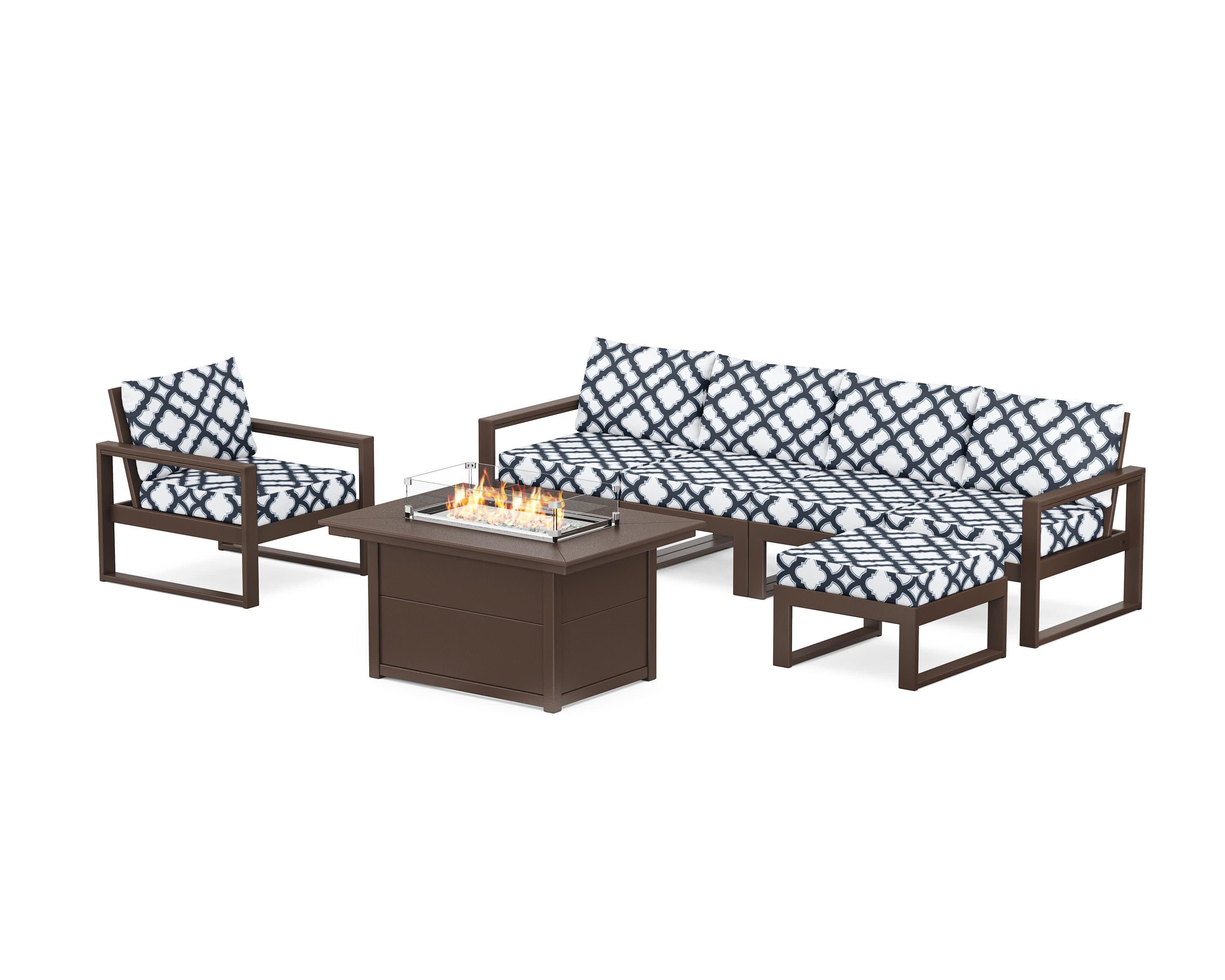 EDGE Sectional Lounge and Fire Pit Set in Mahogany / Trellis Marine Indigo