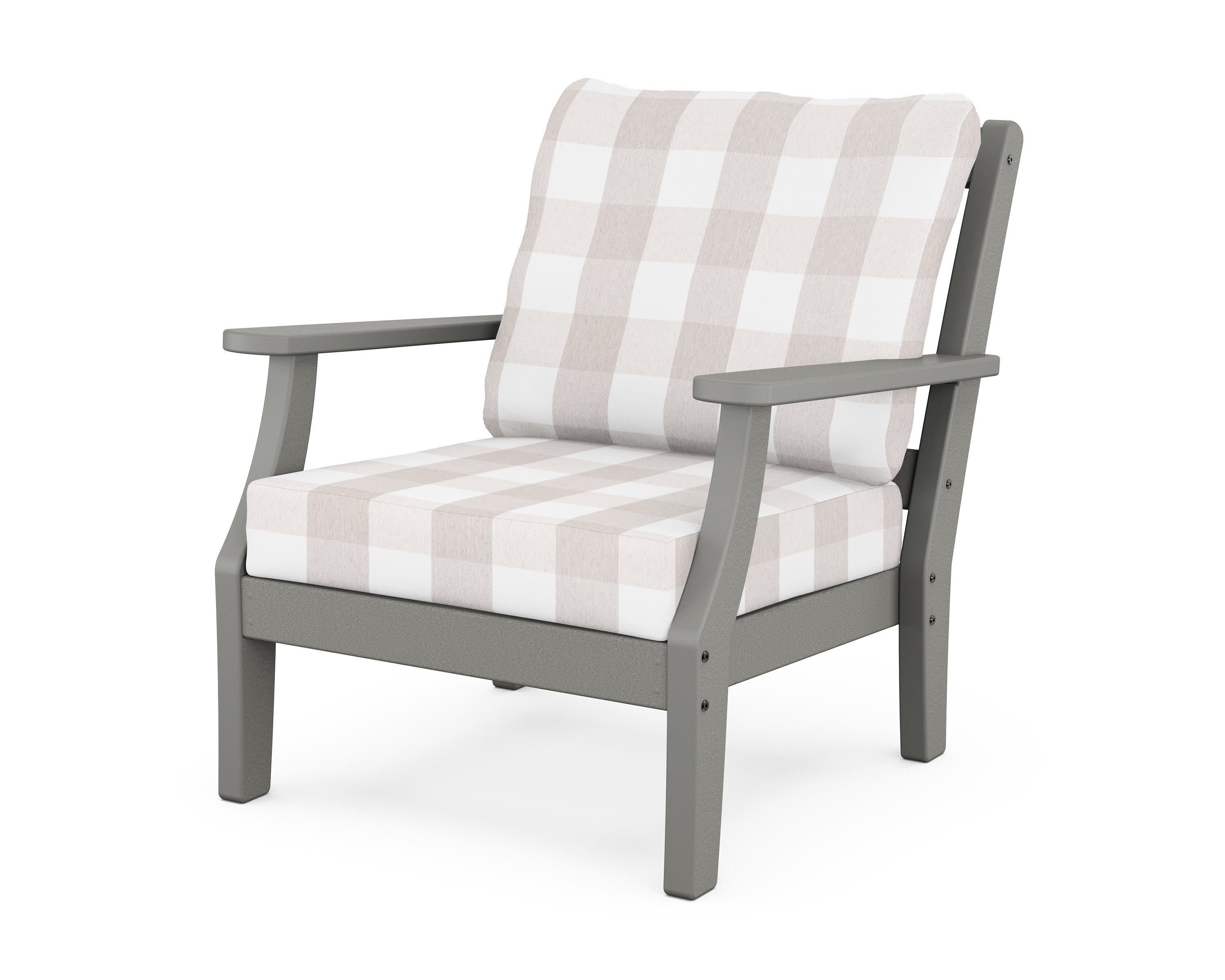 Chinoiserie Deep Seating Chair in Slate Grey / Buffalo Plaid Dune Burlap