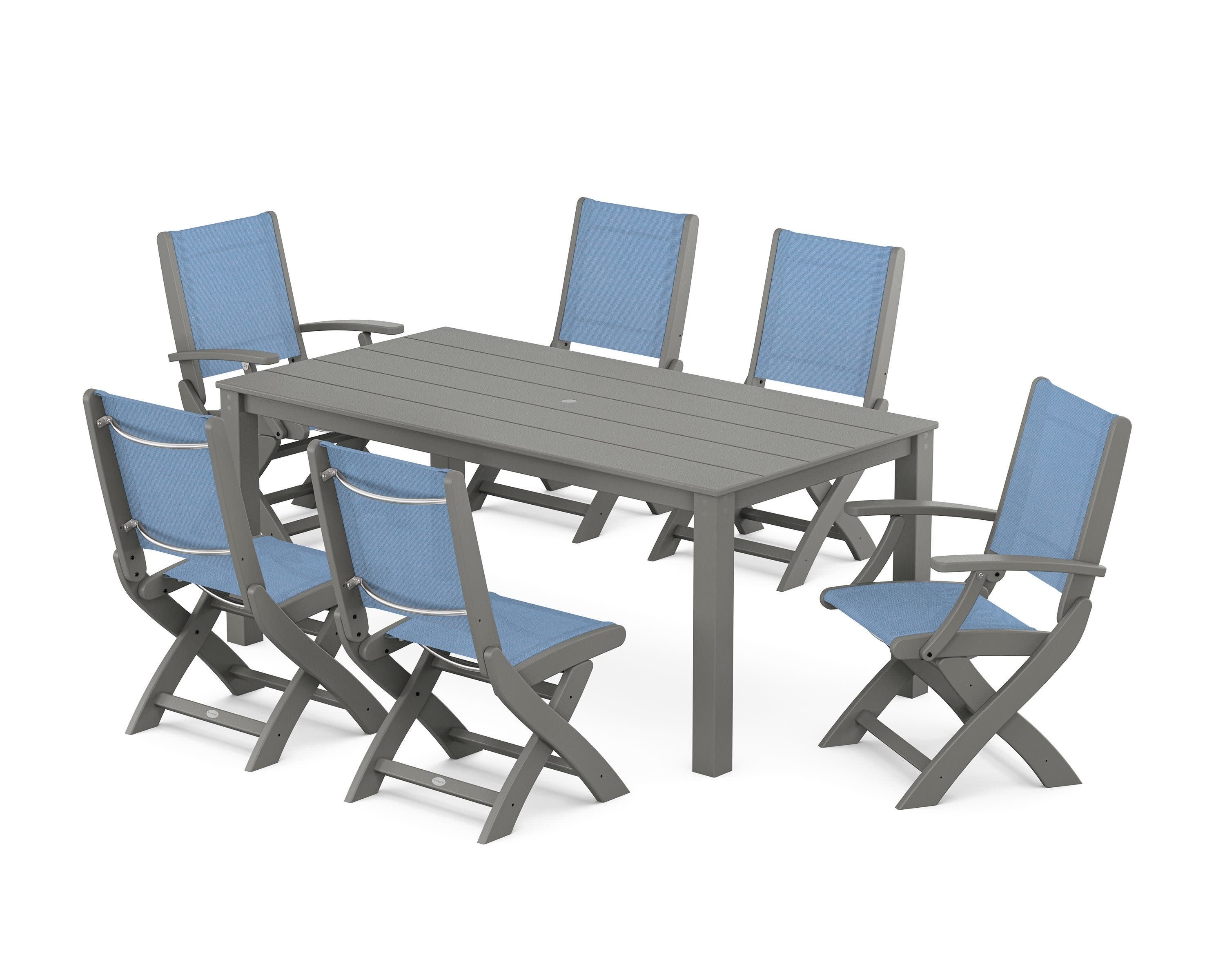 Coastal Folding Chair 7-Piece Parsons Dining Set in Slate Grey / Poolside Sling