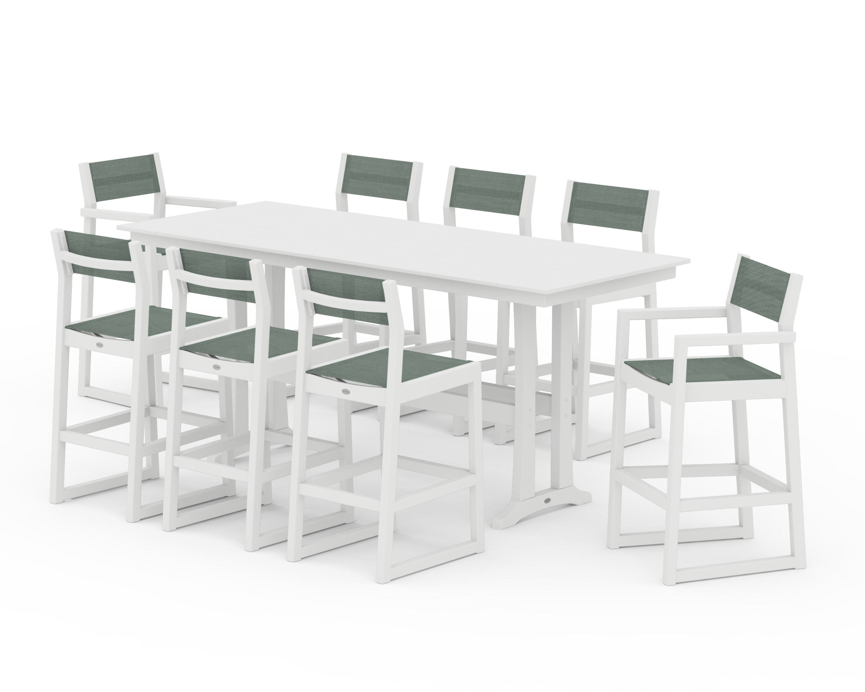 EDGE Sling 9-Piece Farmhouse Bar Set with Trestle Legs in White / Dupioni Sea Mist Sling