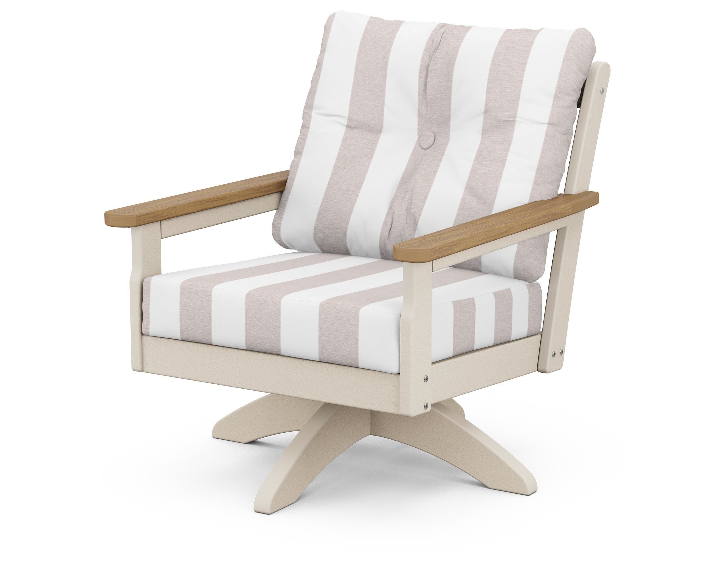 Vineyard Deep Seating Swivel Chair in Sand / Natural / Cabana Stripe Dune Burlap