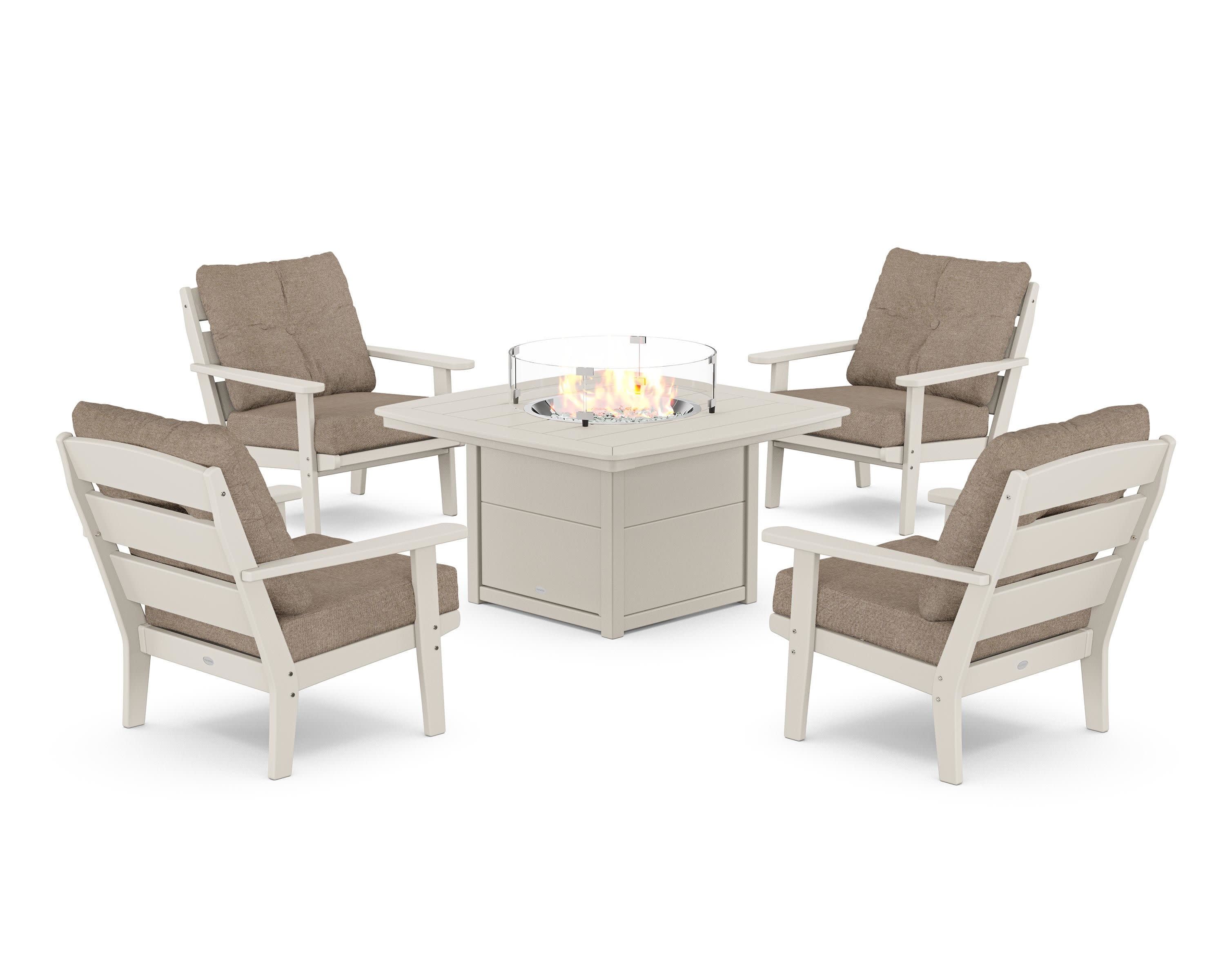 Lakeside 5-Piece Deep Seating Set with Nautical Fire Pit Table in Sand / Spiced Burlap
