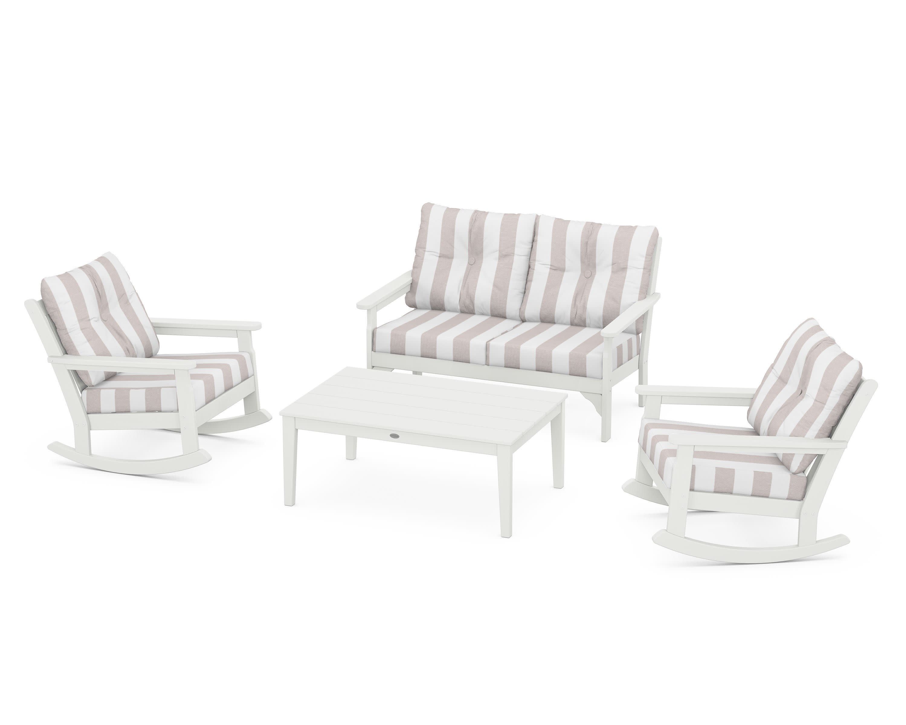 Vineyard 4-Piece Deep Seating Rocking Chair Set in Vintage White / Cabana Stripe Dune Burlap