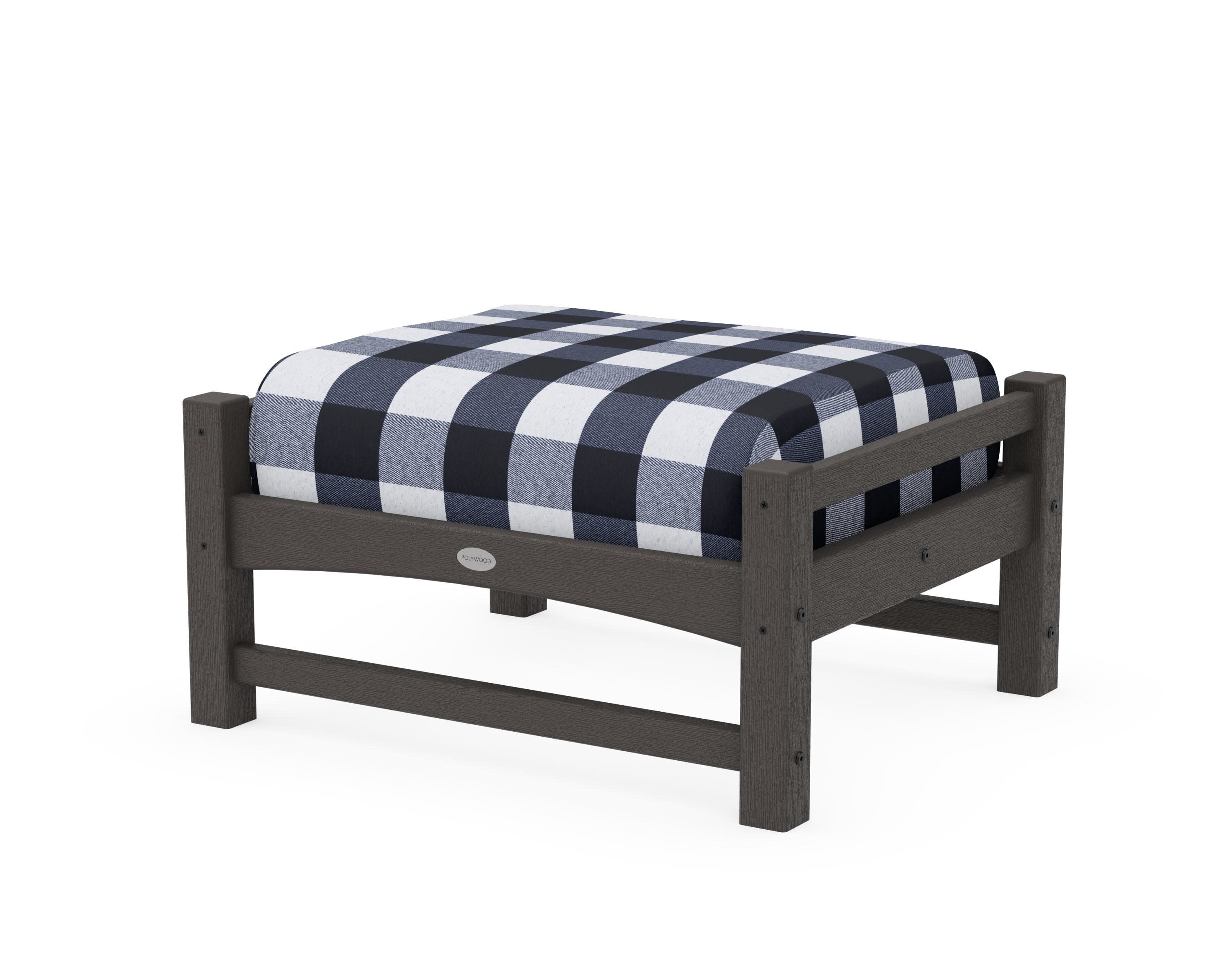 Club Ottoman in Vintage Coffee / Buffalo Plaid Marine Indigo