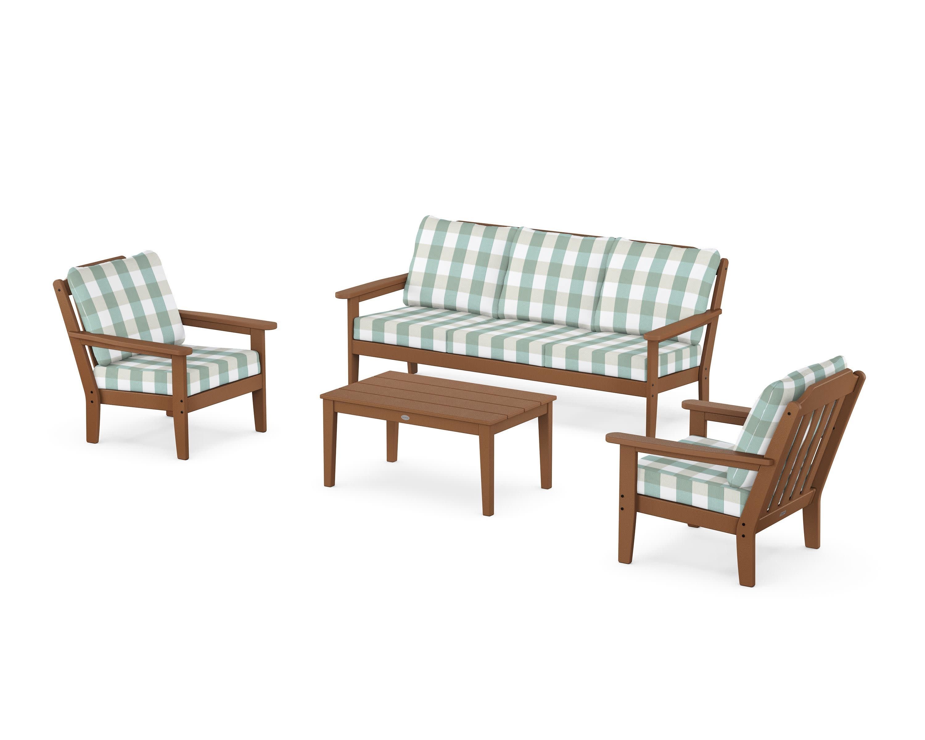 Cottage 4-Piece Deep Seating Set with Sofa in Teak / Buffalo Plaid Glacier Spa