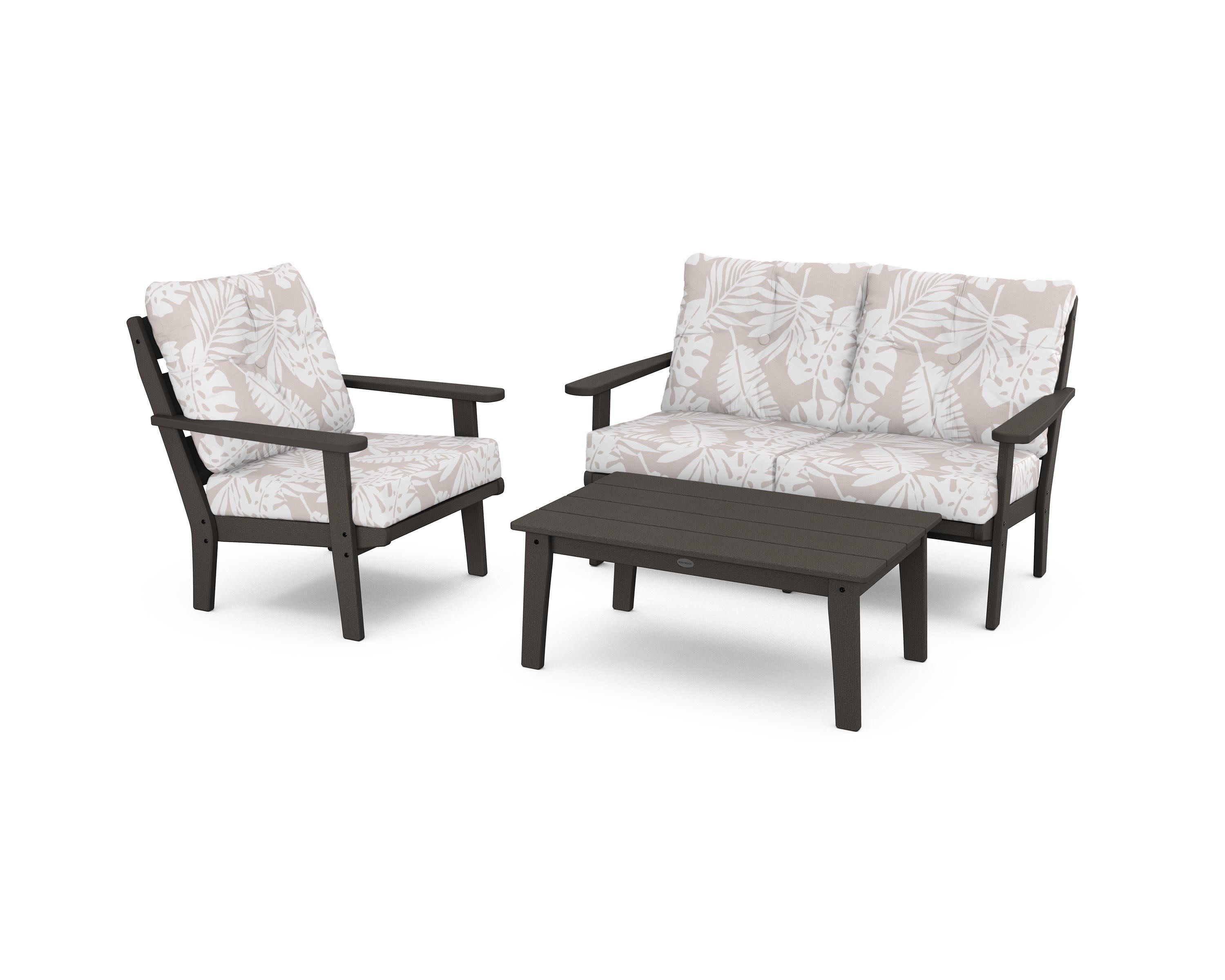 Lakeside 3-Piece Deep Seating Set in Vintage Coffee / Leaf Dune Burlap