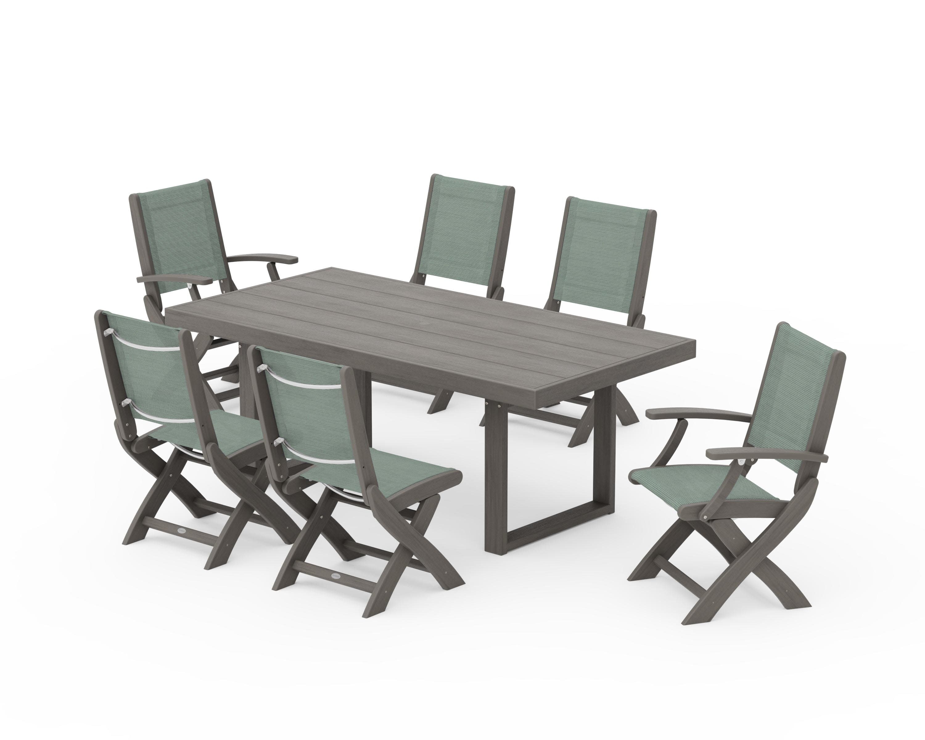 Coastal Folding Chair 7-Piece Dining Set with Trestle Legs in Driftwood / Dupioni Sea Mist Sling