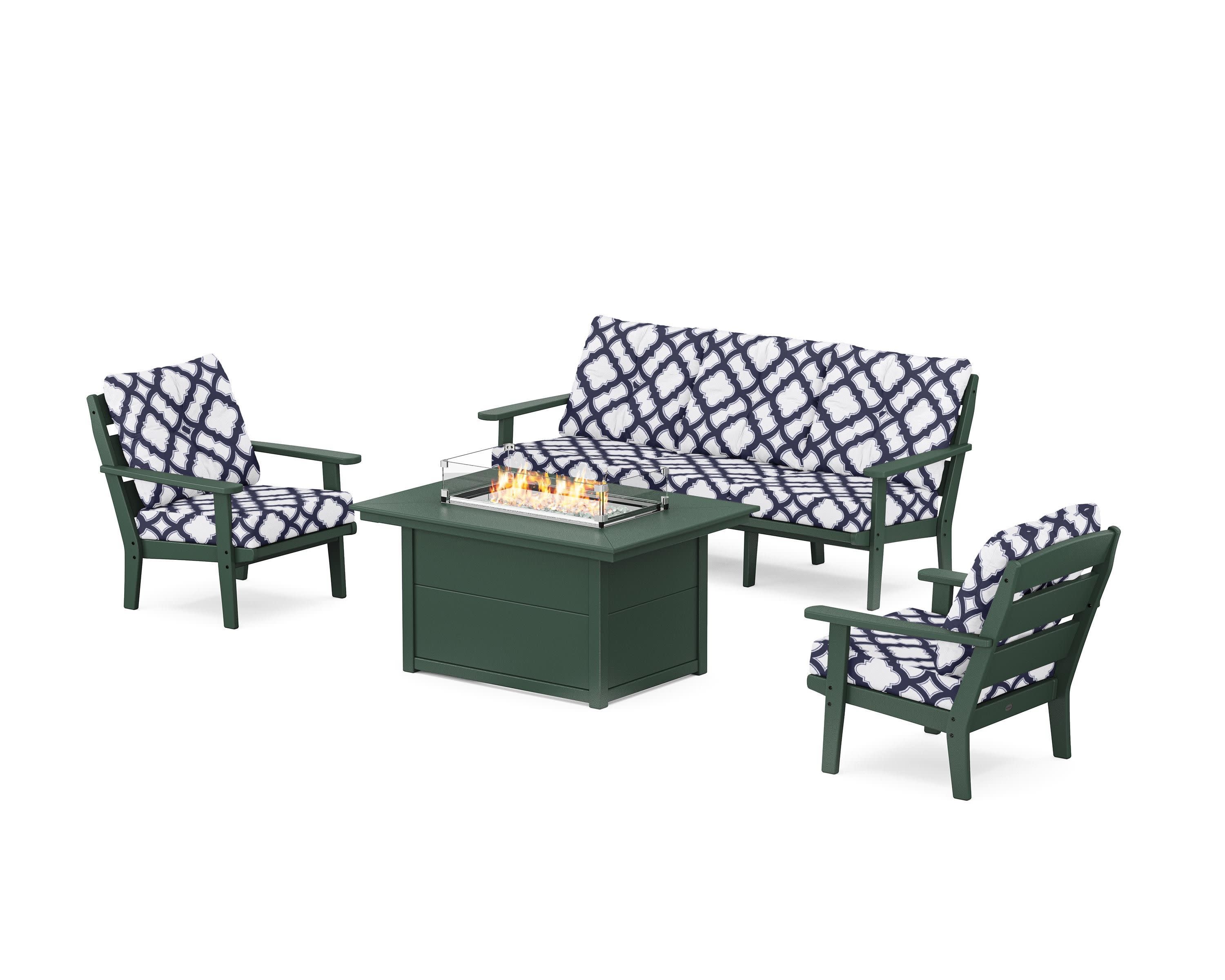 Lakeside Deep Seating Fire Pit Table Set in Green / Trellis Navy