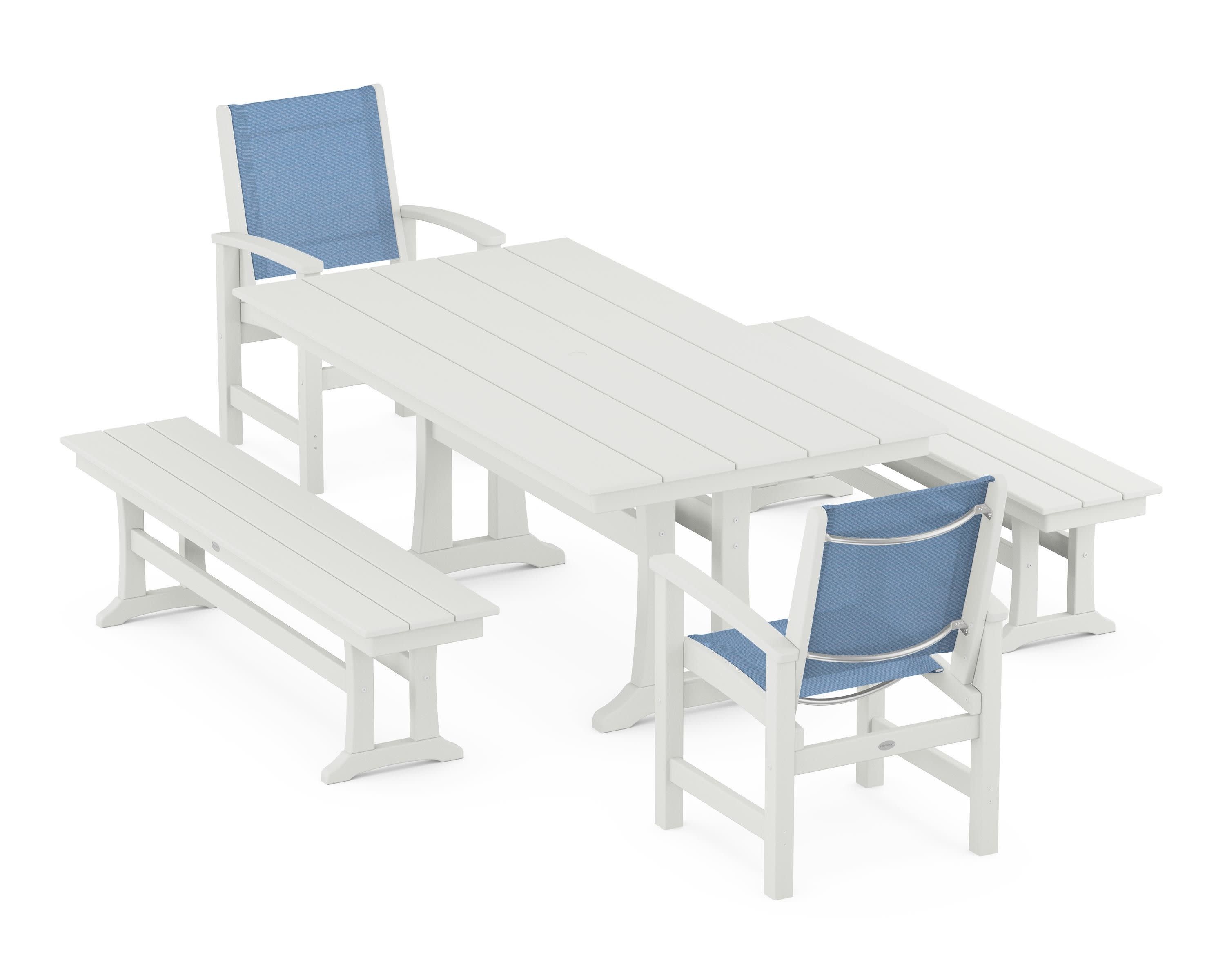 Coastal 5-Piece Farmhouse Dining Set with Trestle Legs and Benches in Vintage White / Poolside Sling