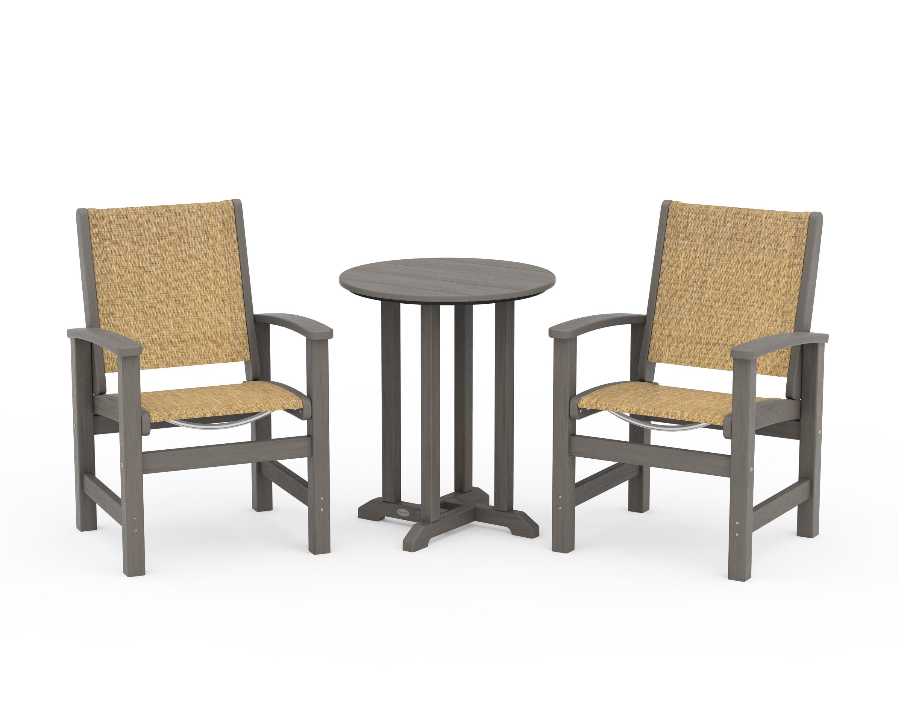 Coastal 3-Piece Round Bistro Dining Set in Driftwood / Burlap Sling