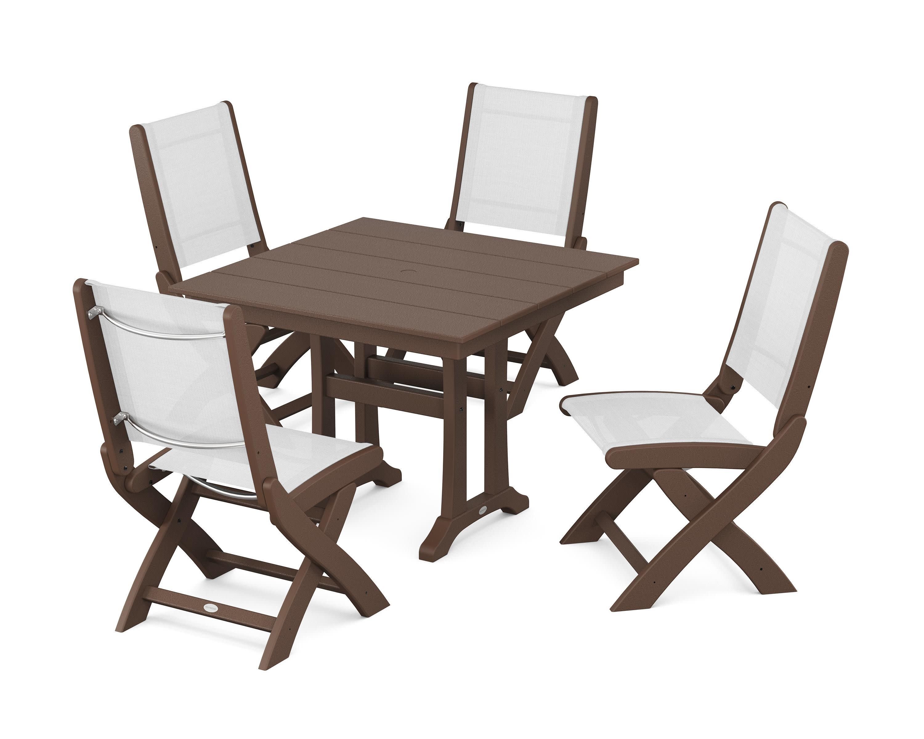 Coastal Folding Side Chair 5-Piece Farmhouse Dining Set With Trestle Legs in Mahogany / White Sling