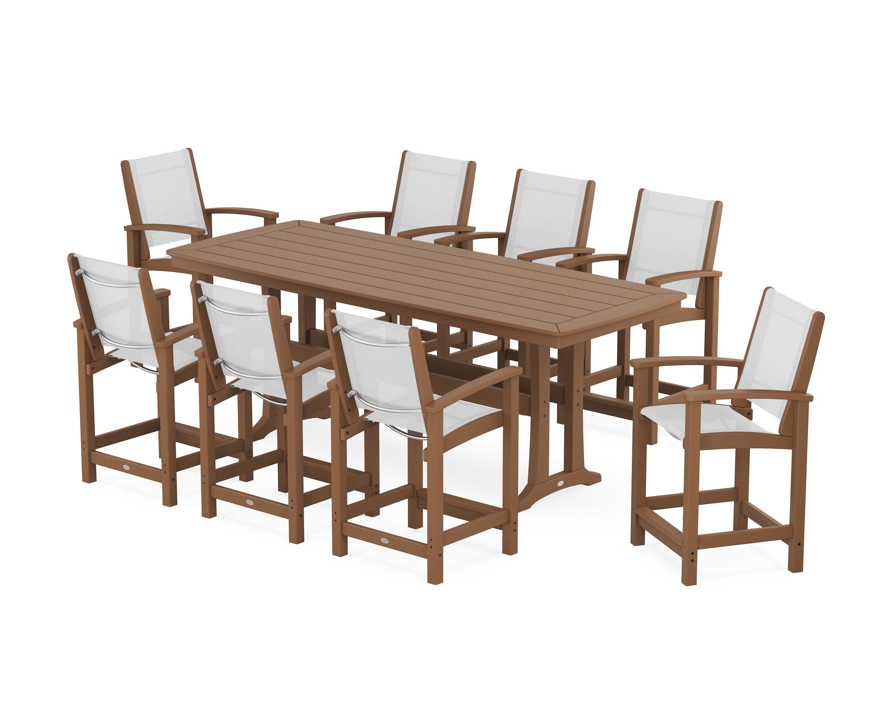 Coastal 9-Piece Counter Set with Trestle Legs in Teak / White Sling