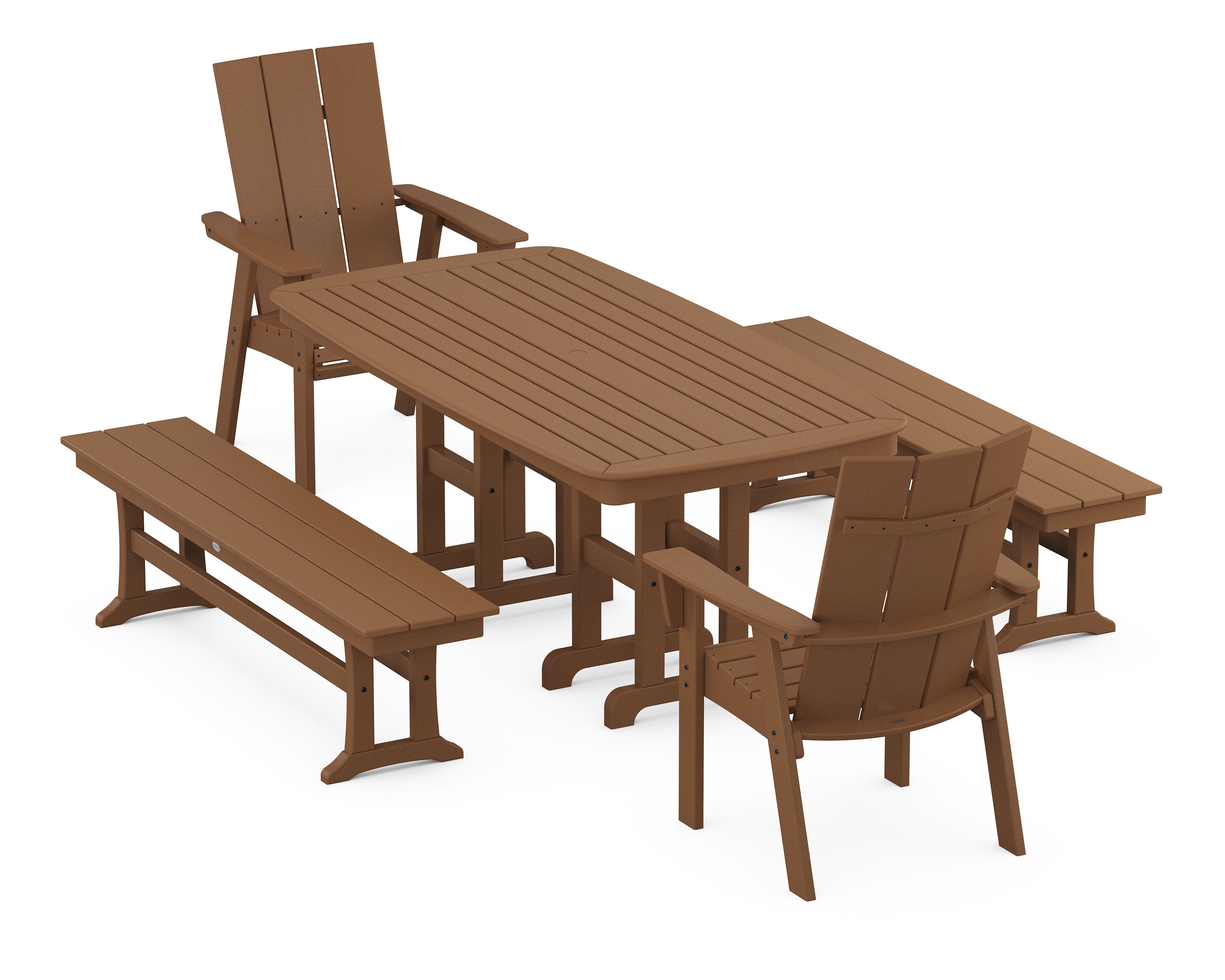 Modern Curveback Adirondack 5-Piece Dining Set with Benches in Teak