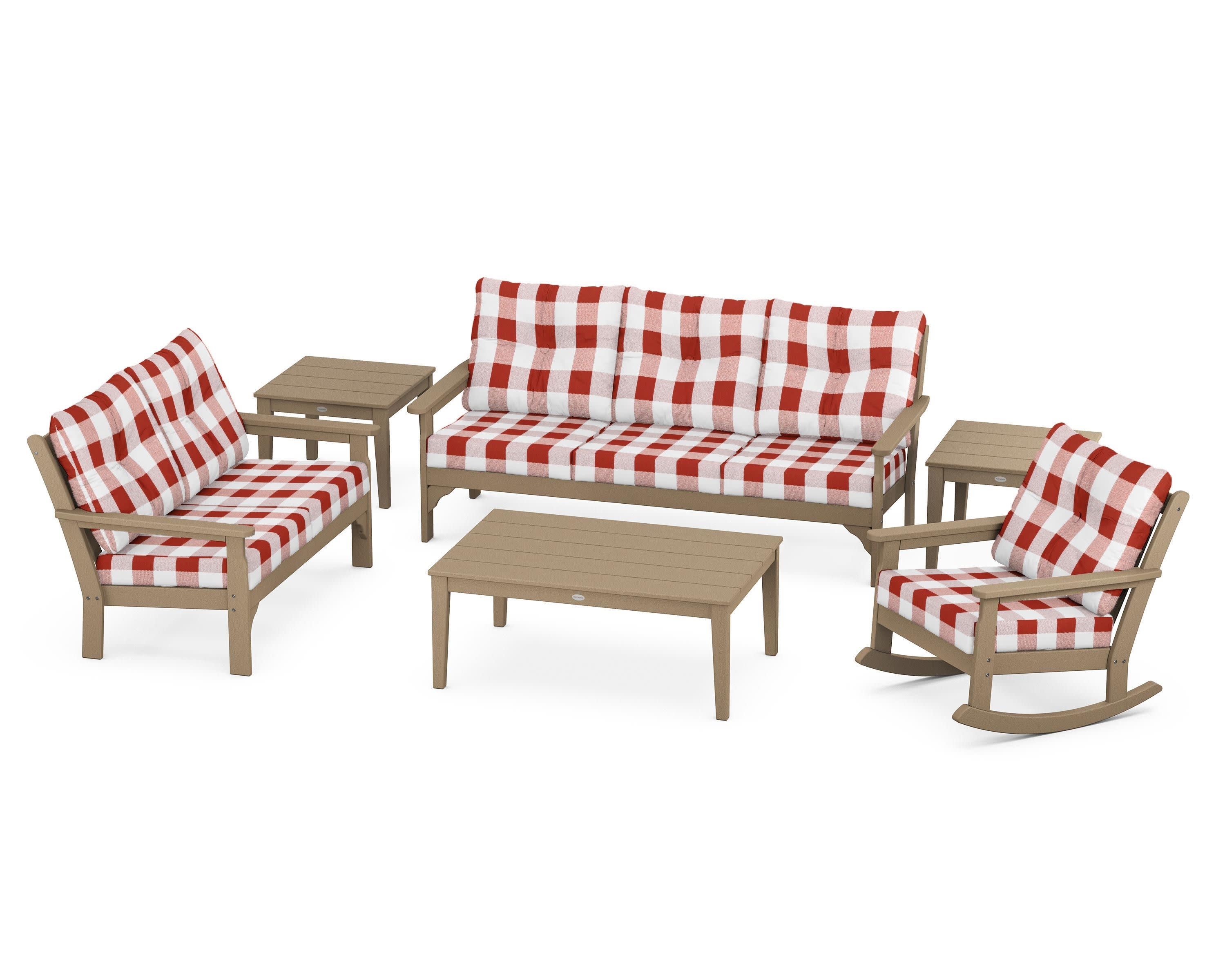 Vineyard 6-Piece Deep Seating Set in Vintage Sahara / Buffalo Plaid Crimson