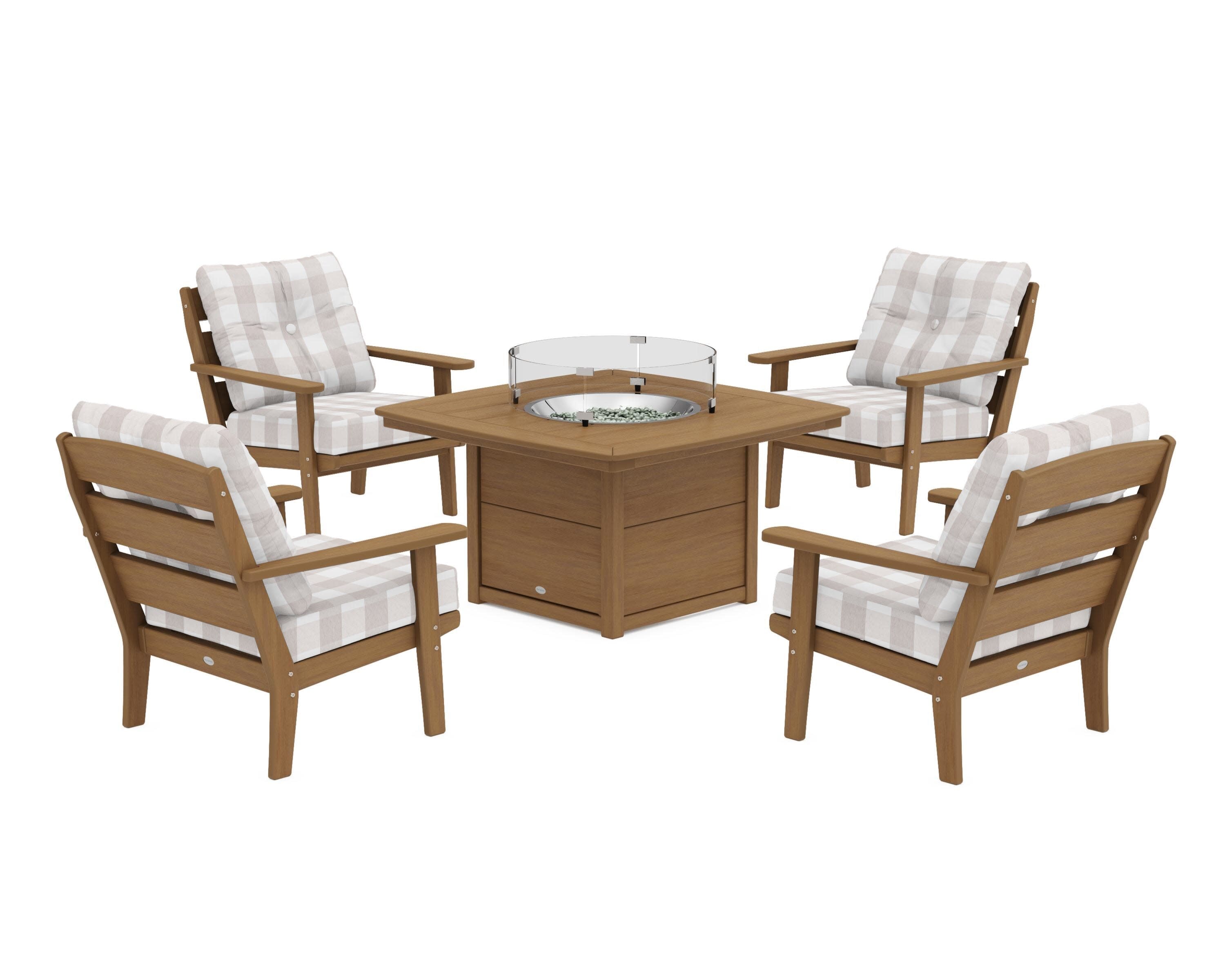 Lakeside 5-Piece Deep Seating Set with Nautical Fire Pit Table in Natural / Buffalo Plaid Dune Burlap