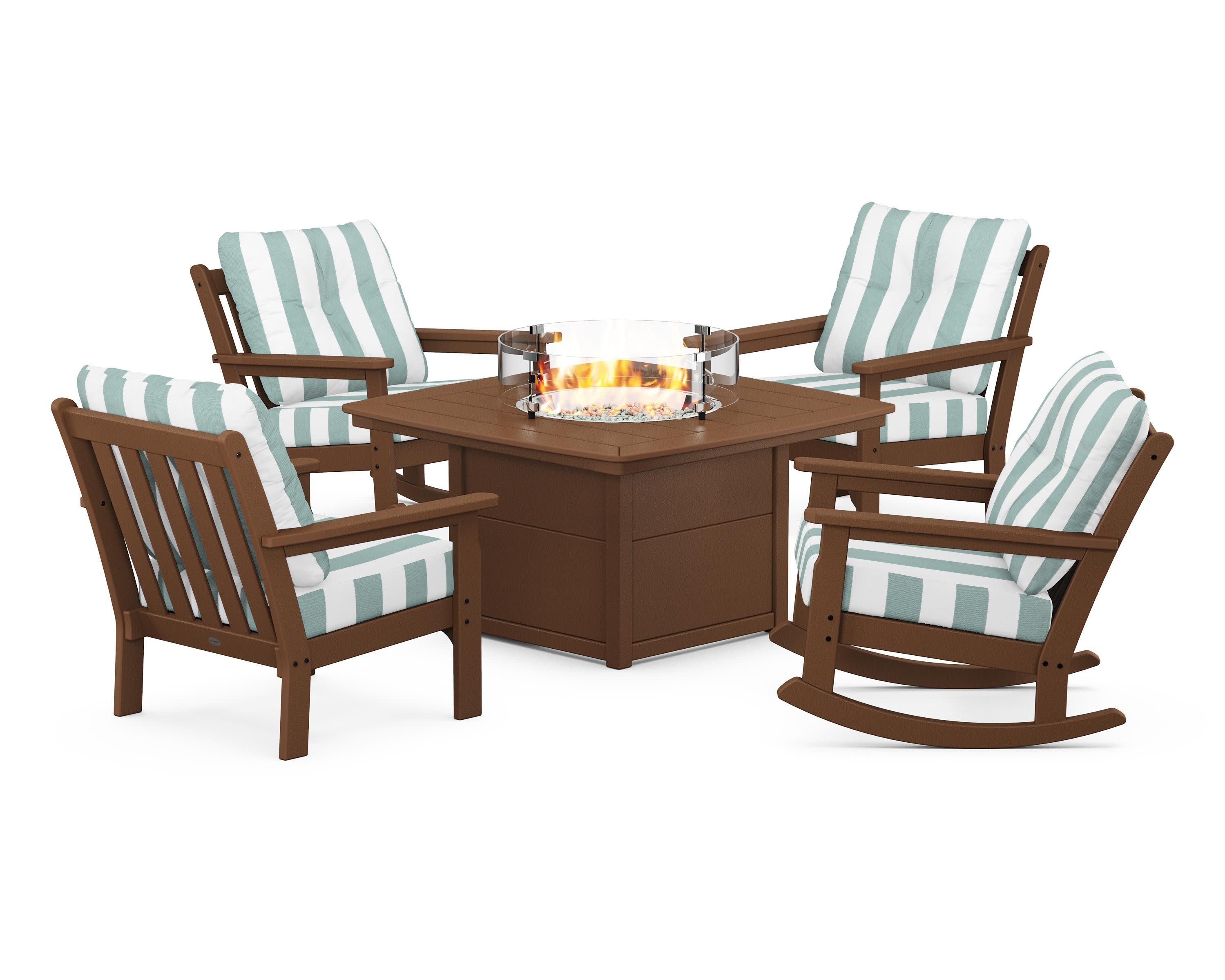Vineyard 5-Piece Deep Seating Rocking Chair Conversation Set with Fire Pit Table in Teak / Cabana Stripe Glacier Spa