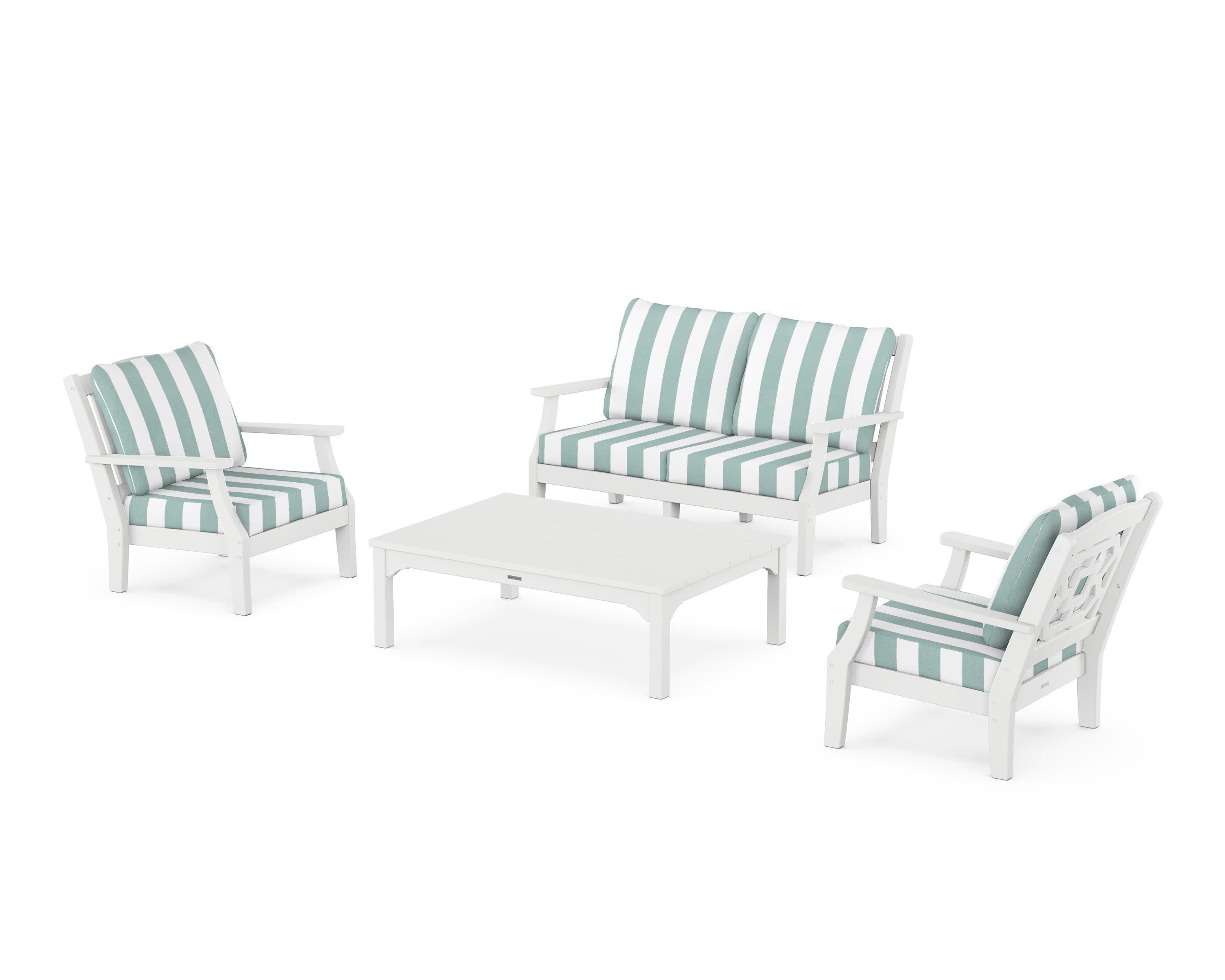Chinoiserie 4-Piece Deep Seating Set with Loveseat in White / Cabana Stripe Glacier Spa