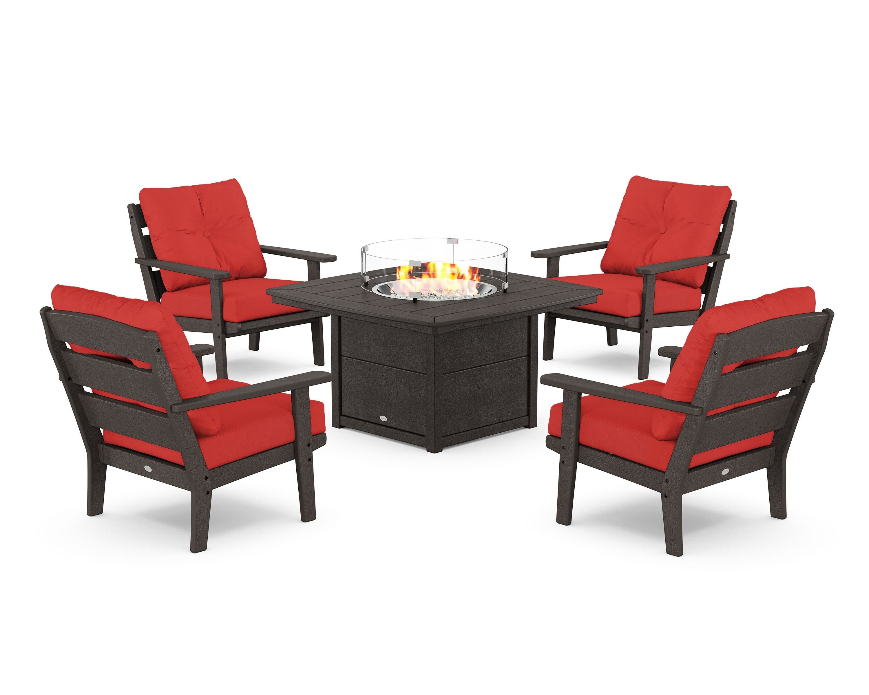 Lakeside 5-Piece Deep Seating Set with Nautical Fire Pit Table in Vintage Coffee / Crimson Linen