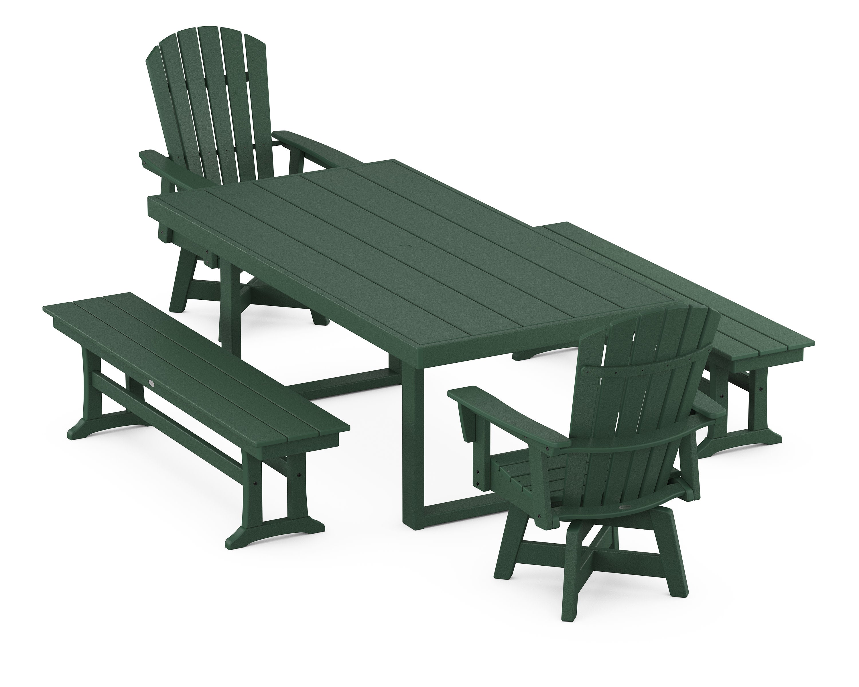 Nautical Curveback Adirondack Swivel Chair 5-Piece Dining Set with Benches in Green