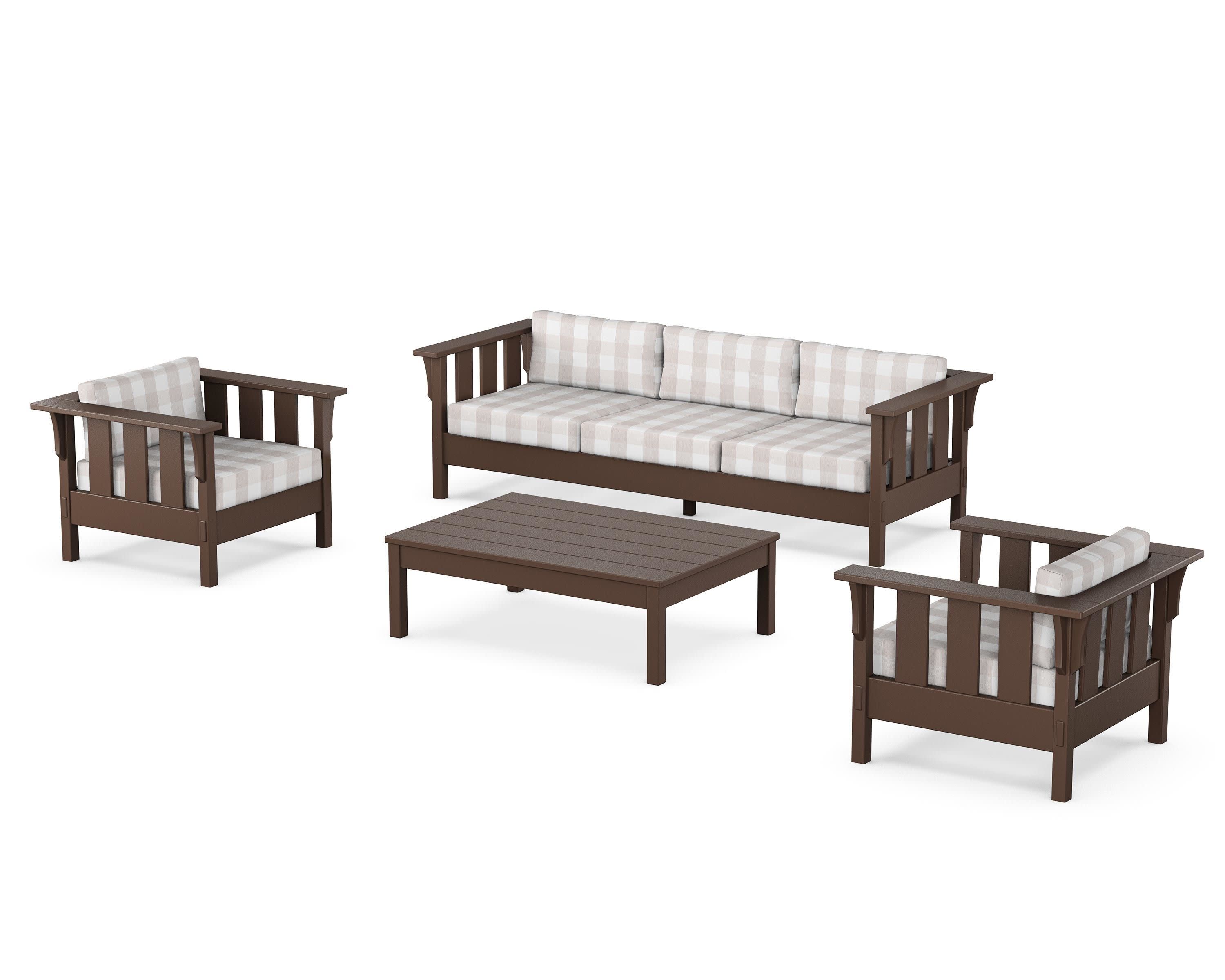 Acadia 4-Piece Deep Seating Set with Sofa in Mahogany / Buffalo Plaid Dune Burlap