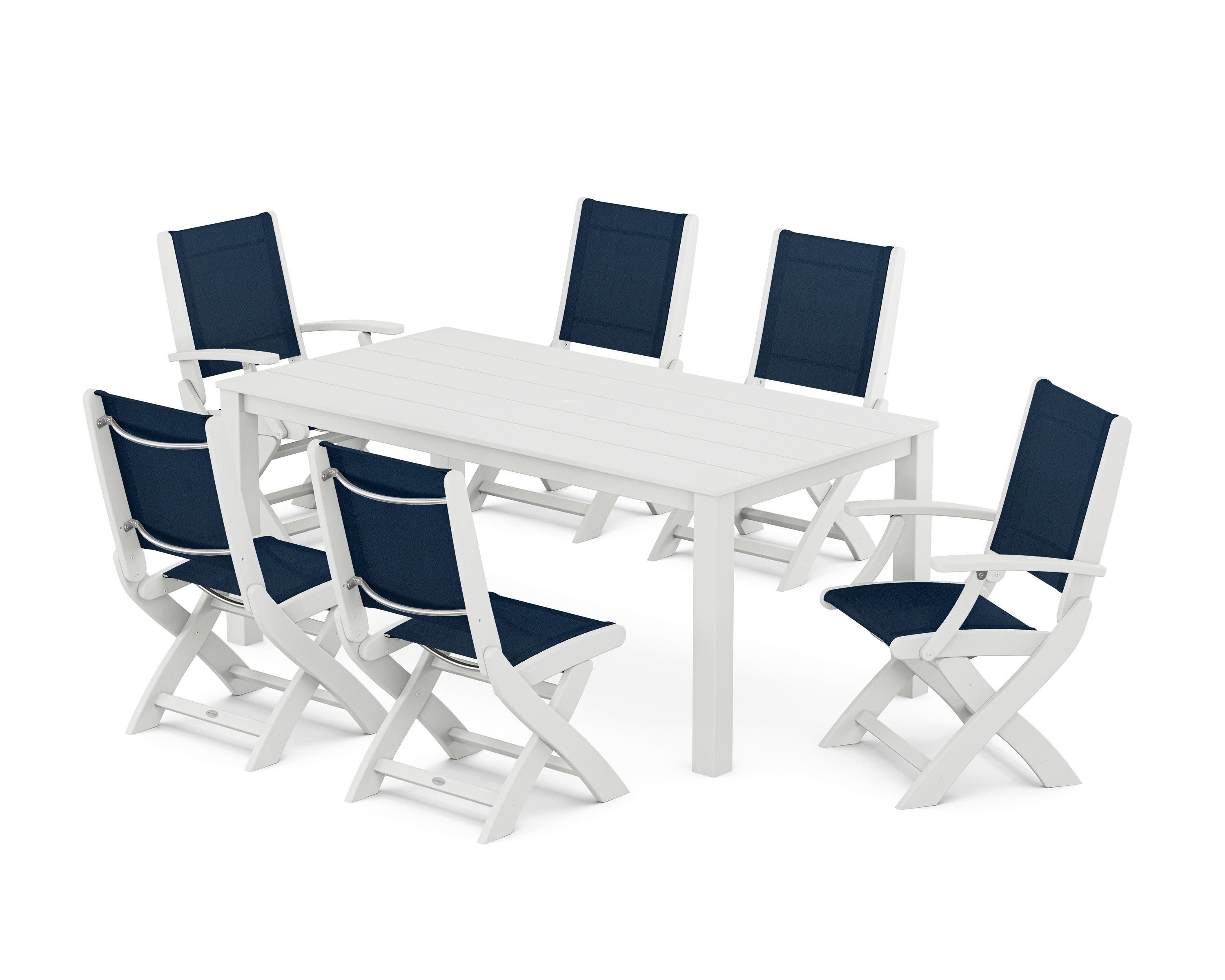 Coastal Folding Chair 7-Piece Parsons Dining Set in White / Navy Blue Sling