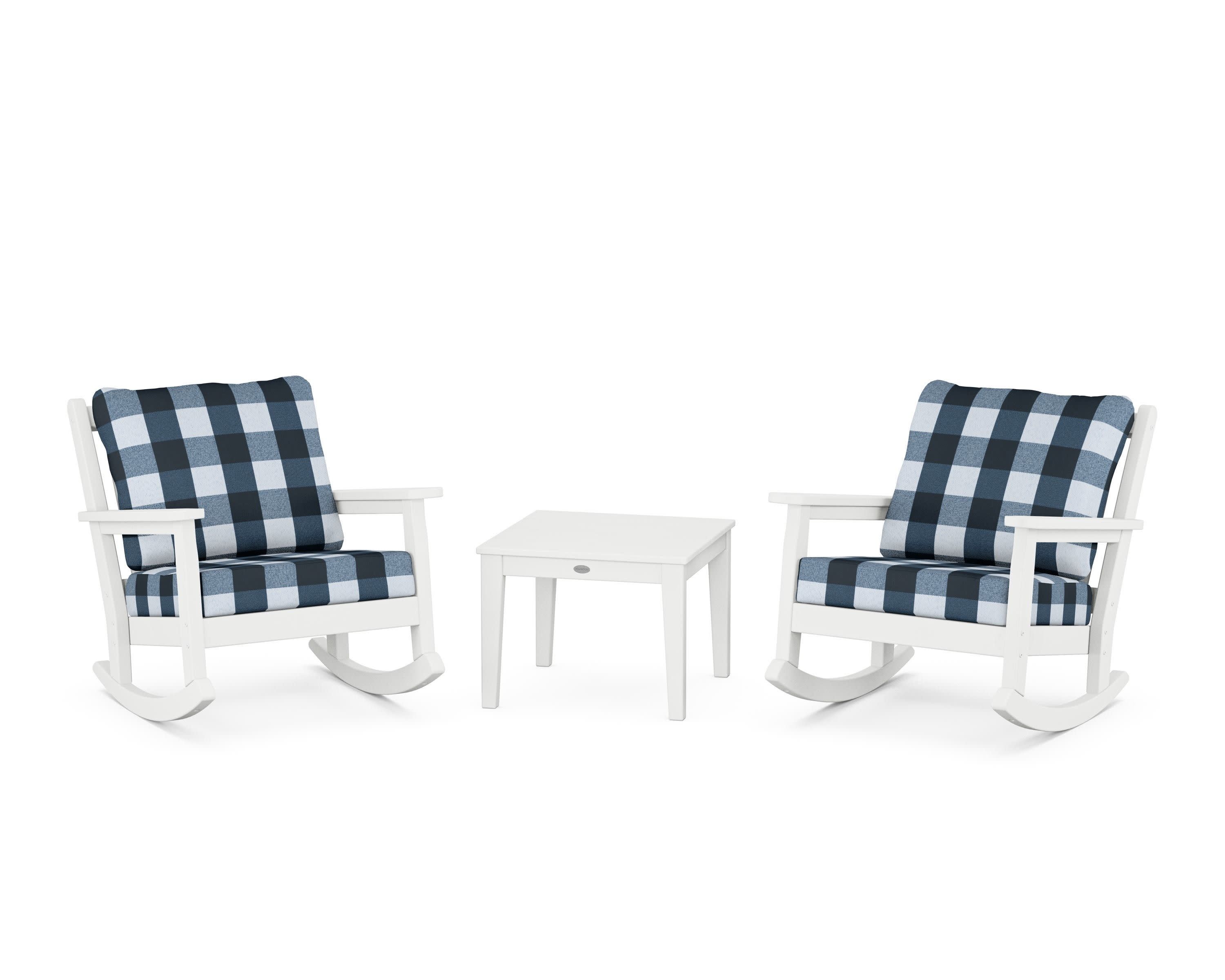 Chippendale 3-Piece Deep Seating Rocker Set in White / Buffalo Plaid Marine Indigo