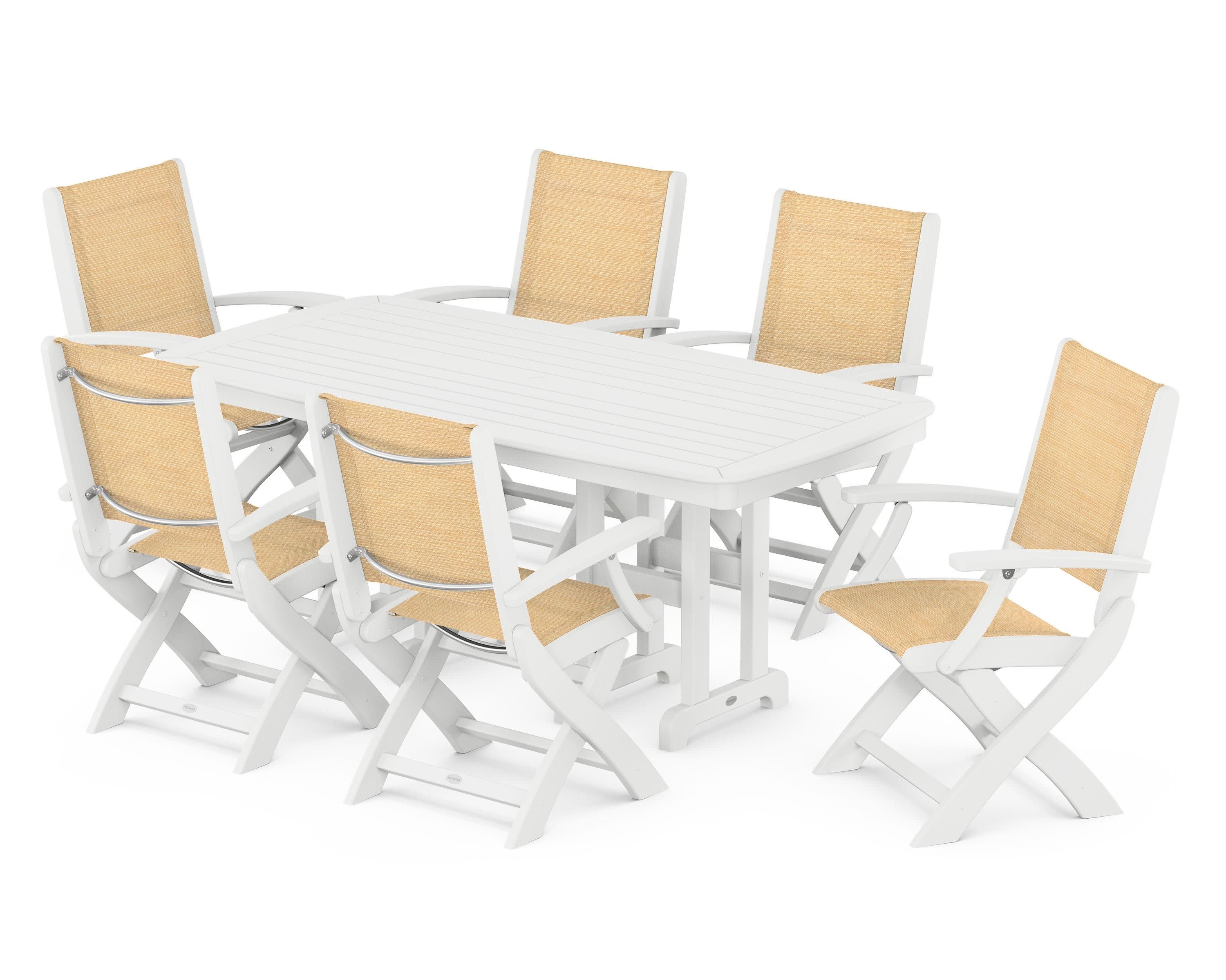 Coastal Folding Arm Chair 7-Piece Dining Set in White / Dupioni Apricot Sling