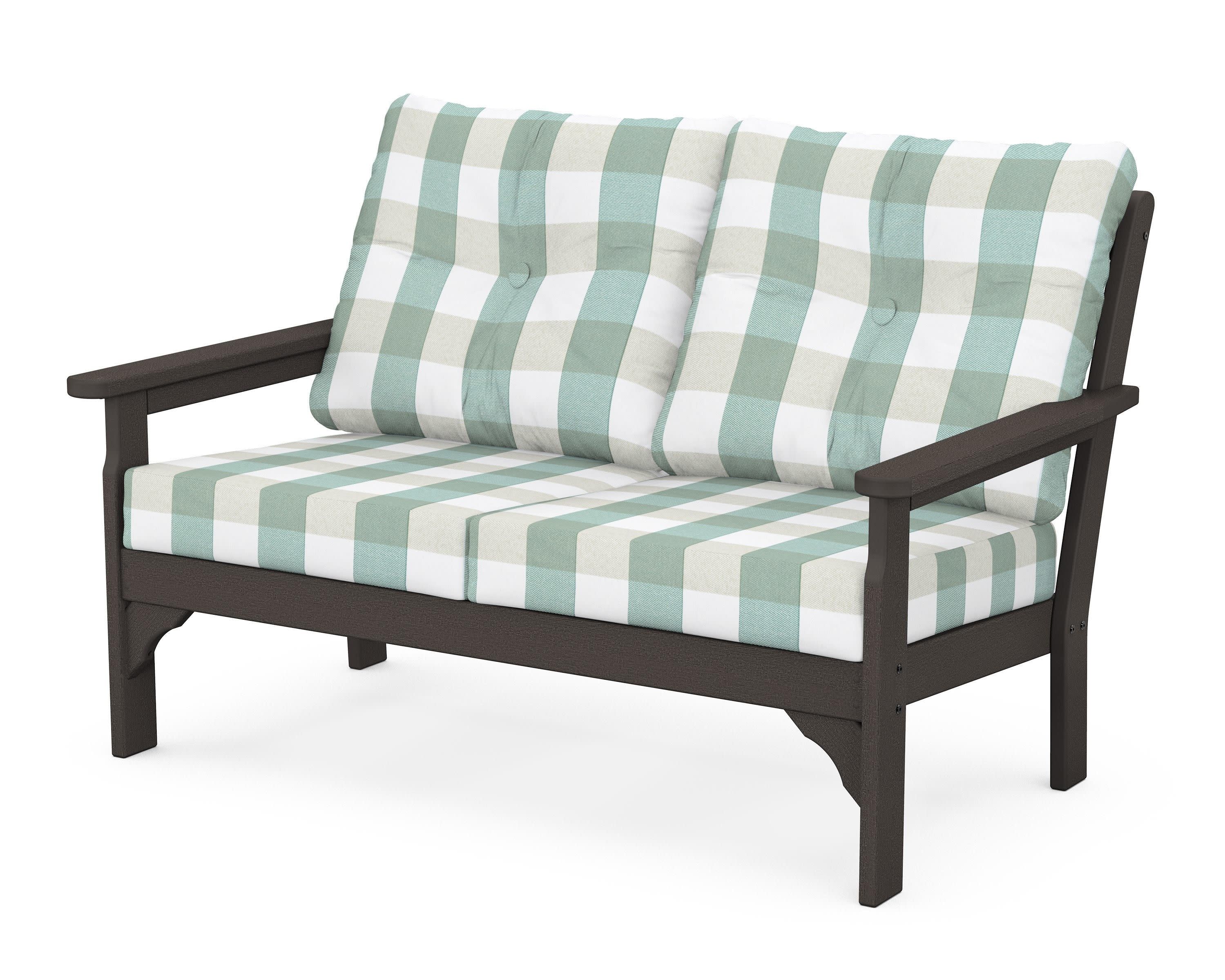 Vineyard Deep Seating Loveseat in Vintage Coffee / Buffalo Plaid Glacier Spa