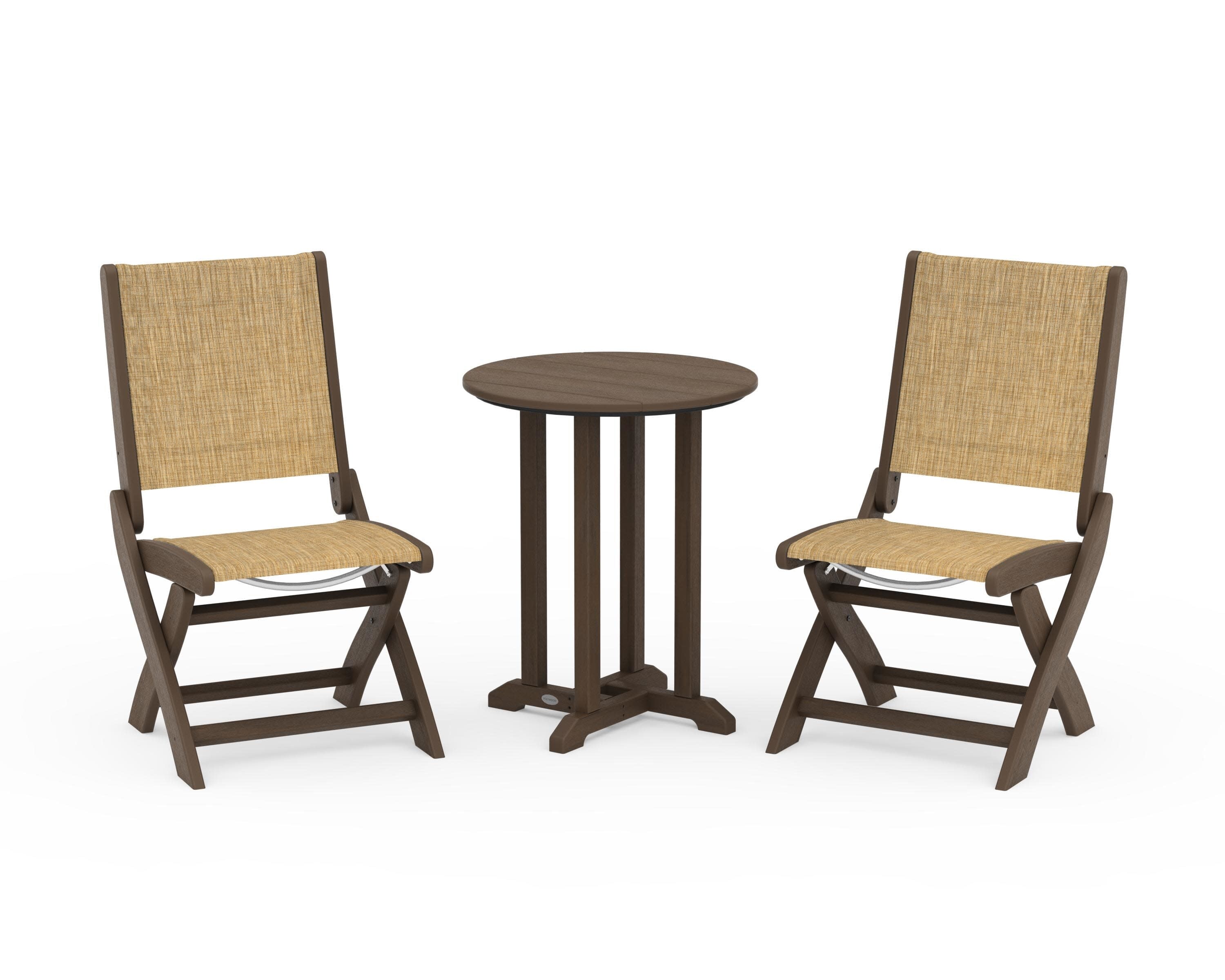 Coastal Folding Side Chair 3-Piece Round Bistro Dining Set in Kona / Burlap Sling