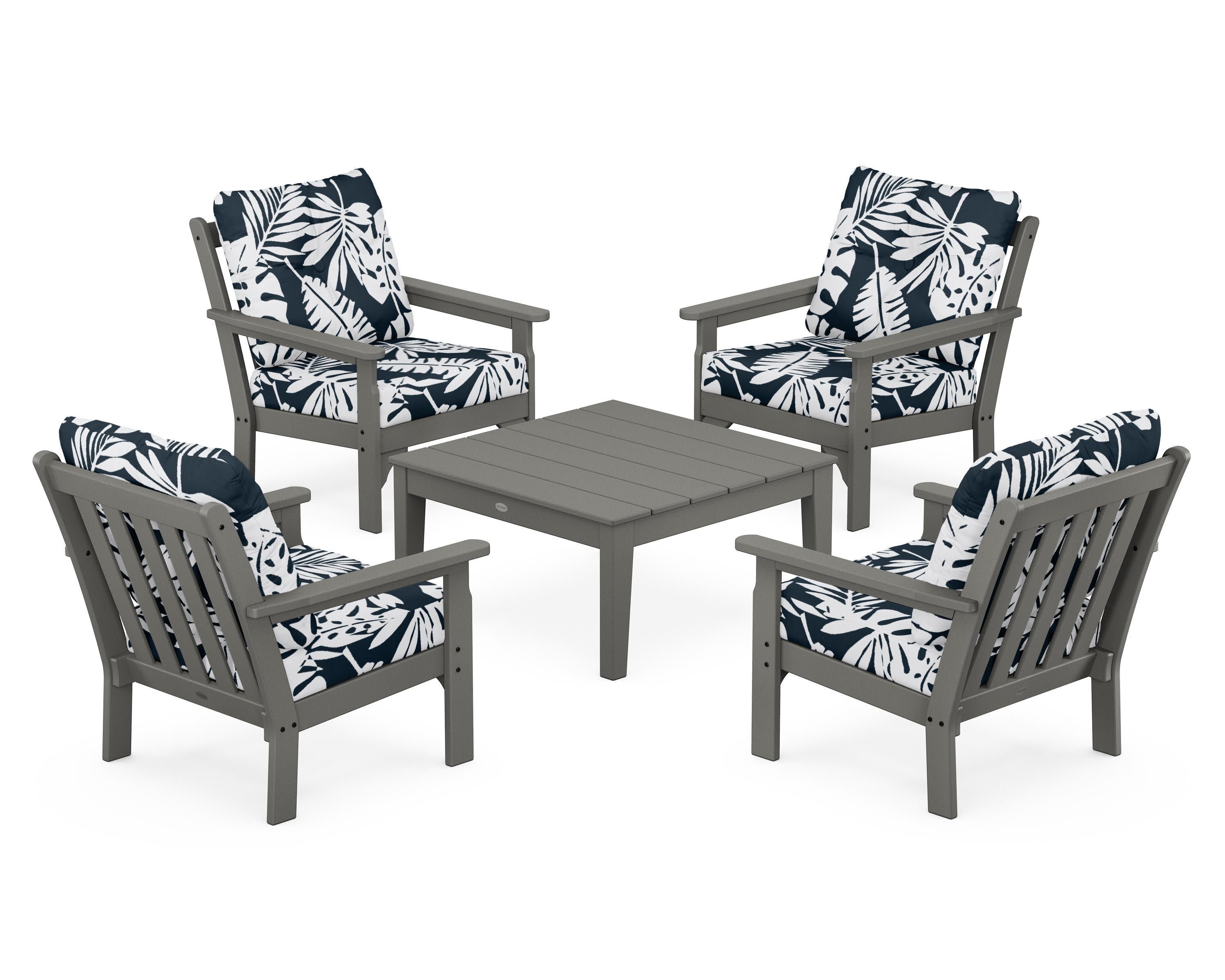 Vineyard 5-Piece Deep Seating Conversation Set in Slate Grey / Leaf Marine Indigo
