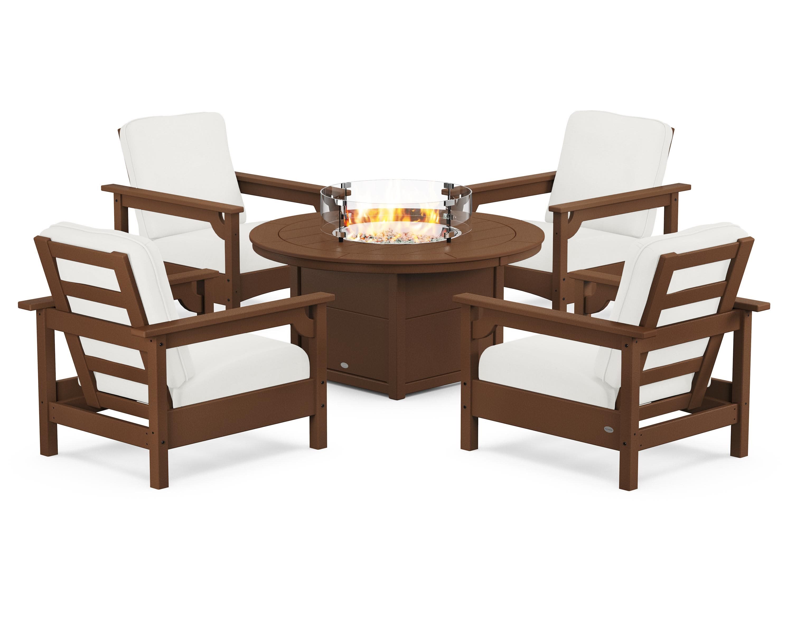 Club 5-Piece Conversation Set with Fire Pit Table in Teak / Natural Linen