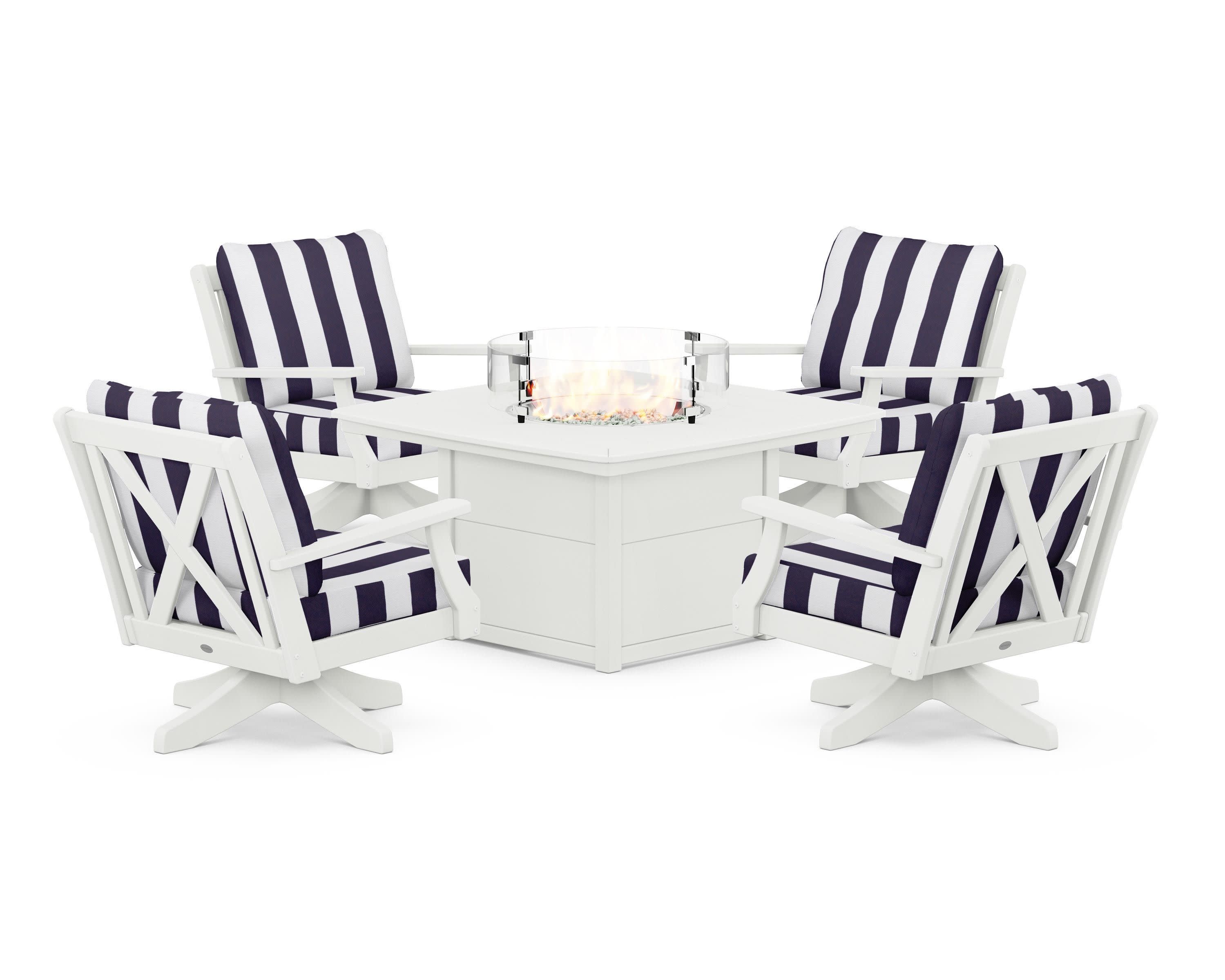 Braxton 5-Piece Deep Seating Swivel Conversation Set with Fire Pit Table in Vintage White / Cabana Stripe Navy