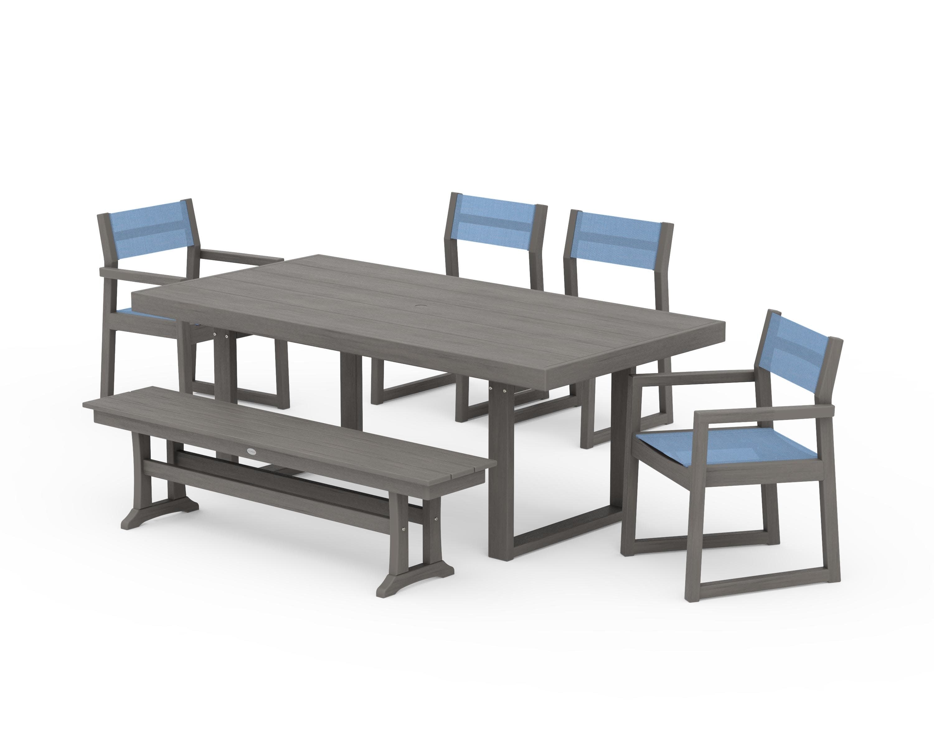 EDGE Sling 6-Piece Dining Set with Bench in Driftwood / Poolside Sling